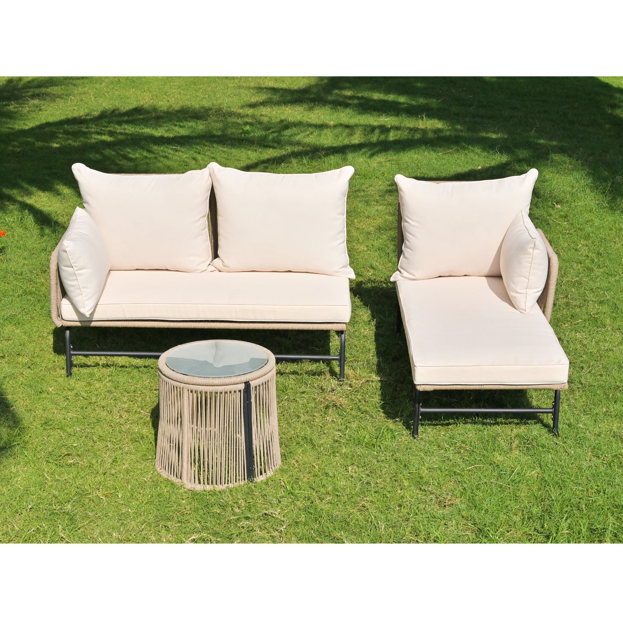 Garden Lounge Set with Iron Frame and Woven Rope, Beige