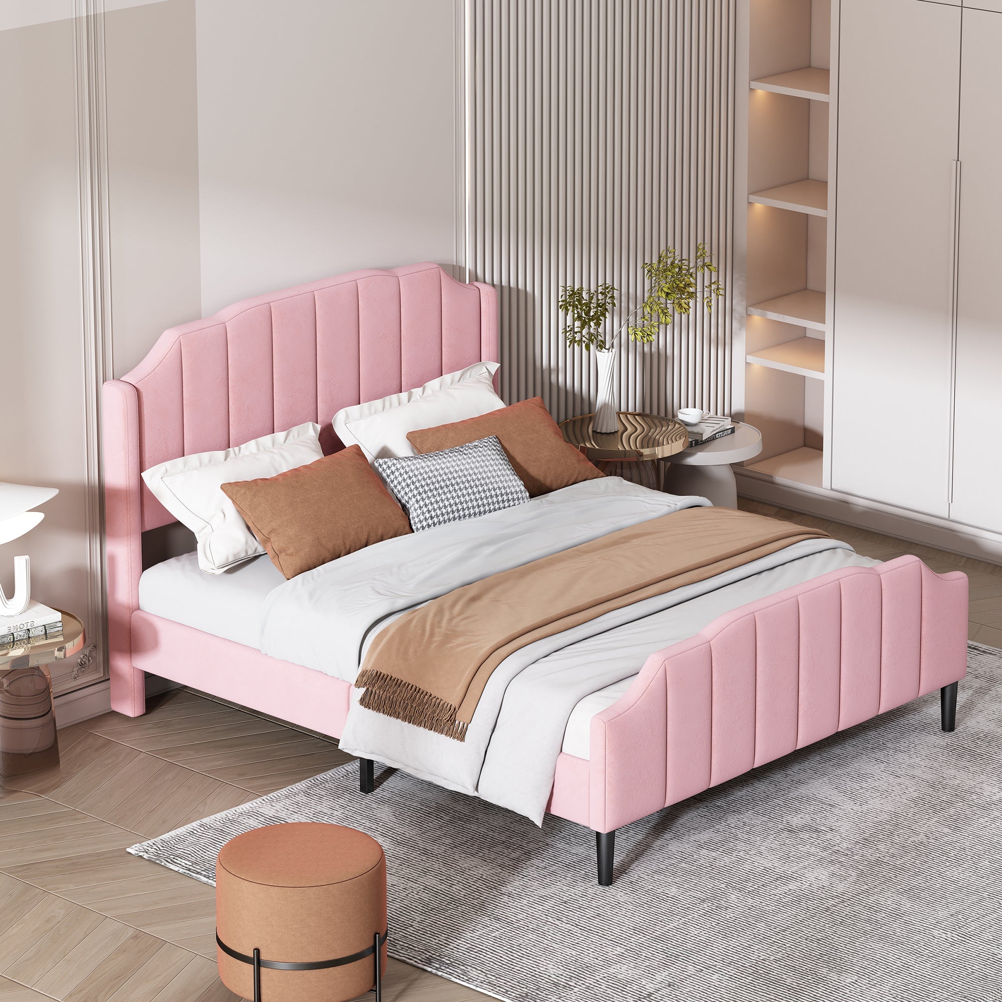 Upholstered Bed, 140 x 200 cm, with Headboard, Footboard & Slatted Frame, Pink Velvet