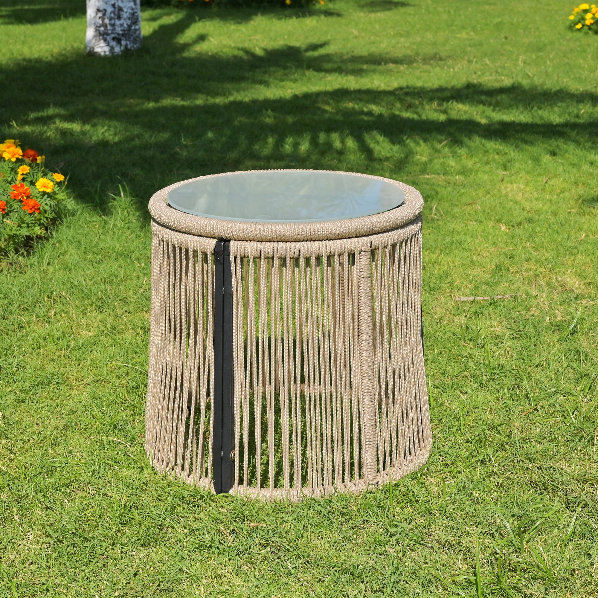 Garden Lounge Set L-Shaped Conversation Set with Table Iron Frame Beige Rope