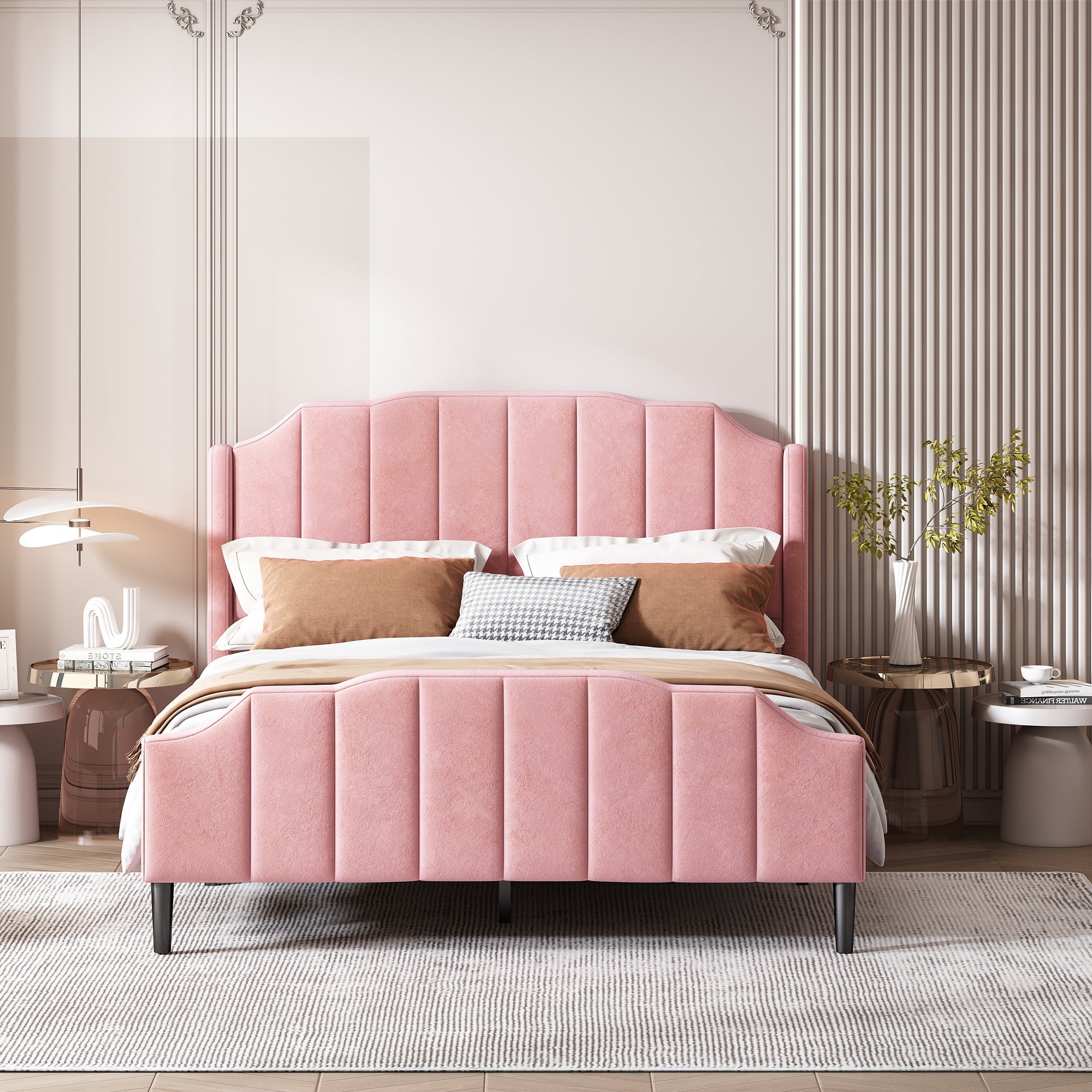 Upholstered Bed, 140 x 200 cm, with Headboard, Footboard & Slatted Frame, Pink Velvet