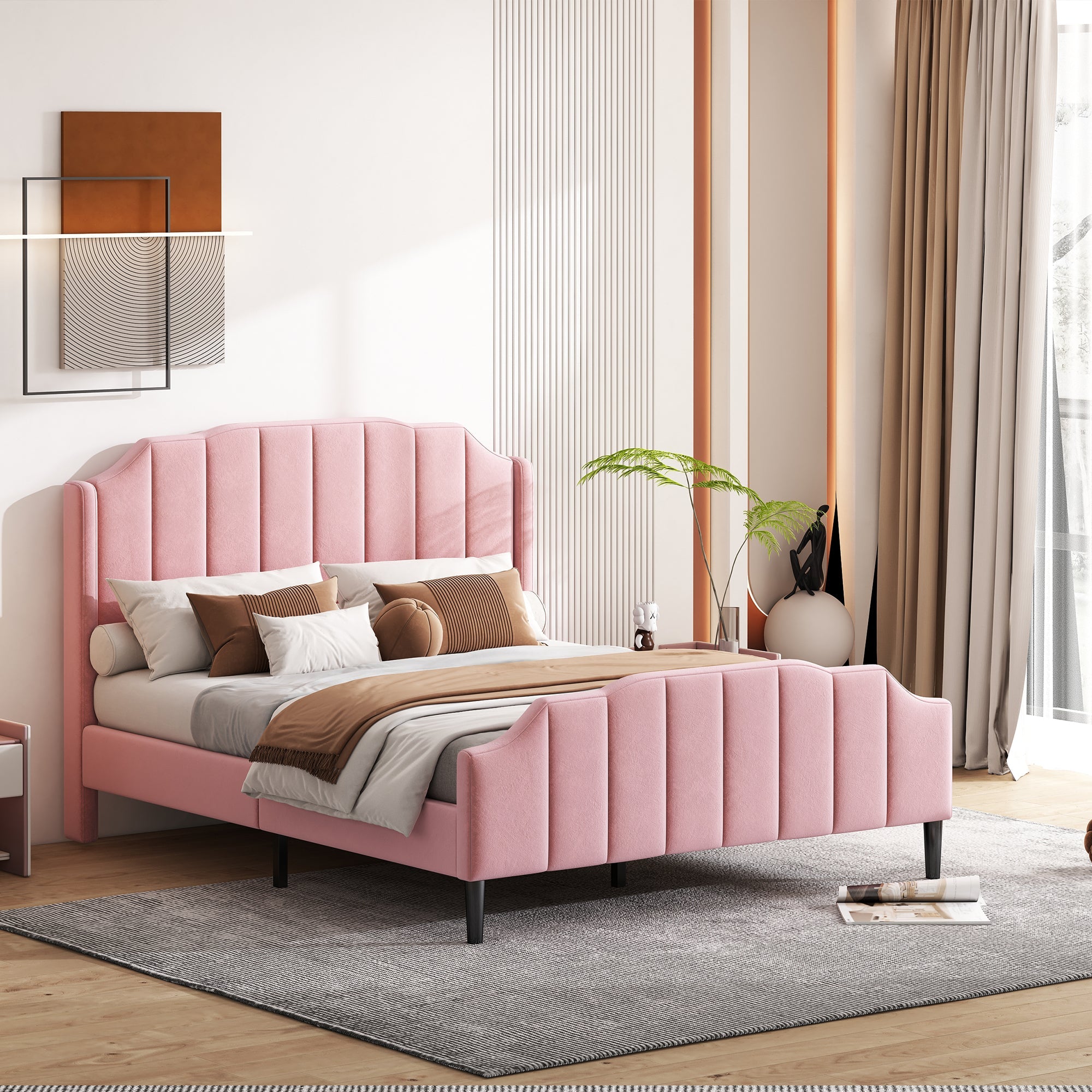 Upholstered Bed, 140 x 200 cm, with Headboard, Footboard & Slatted Frame, Pink Velvet