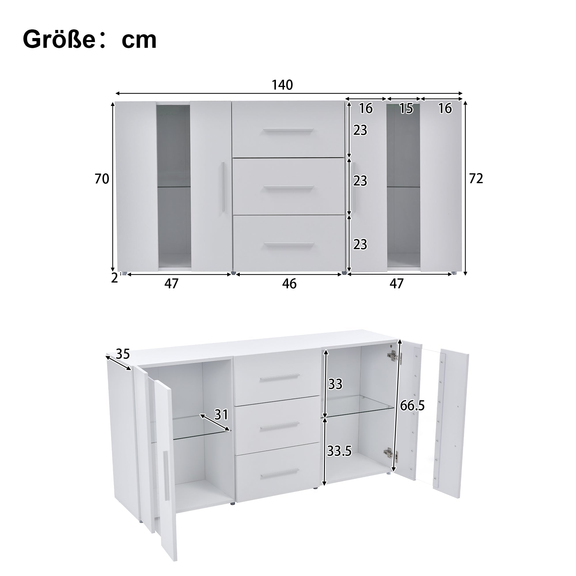 Sideboard, 16-Color LED Lights, 140x35x70cm, for Dining & Living Room