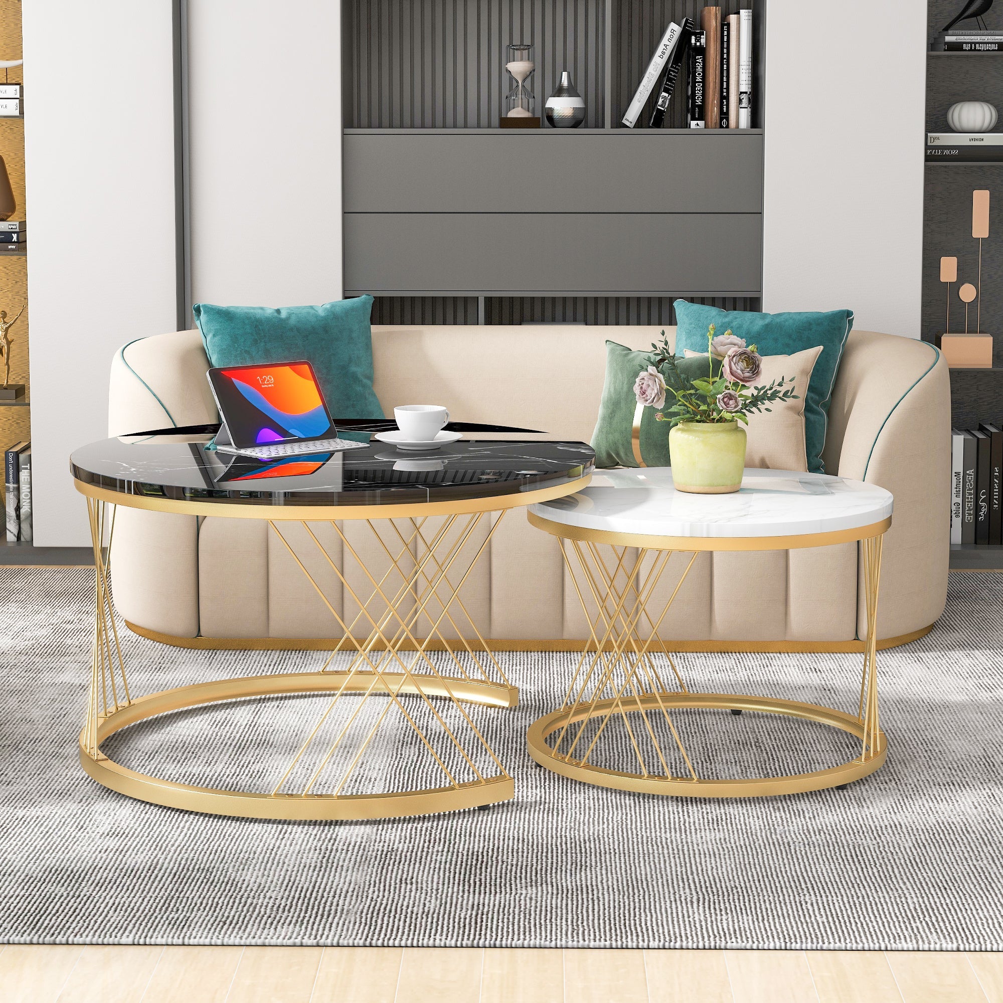 Modern Nesting Coffee Table, Set of 2 Round End Tables, Marble Veneer and Gold