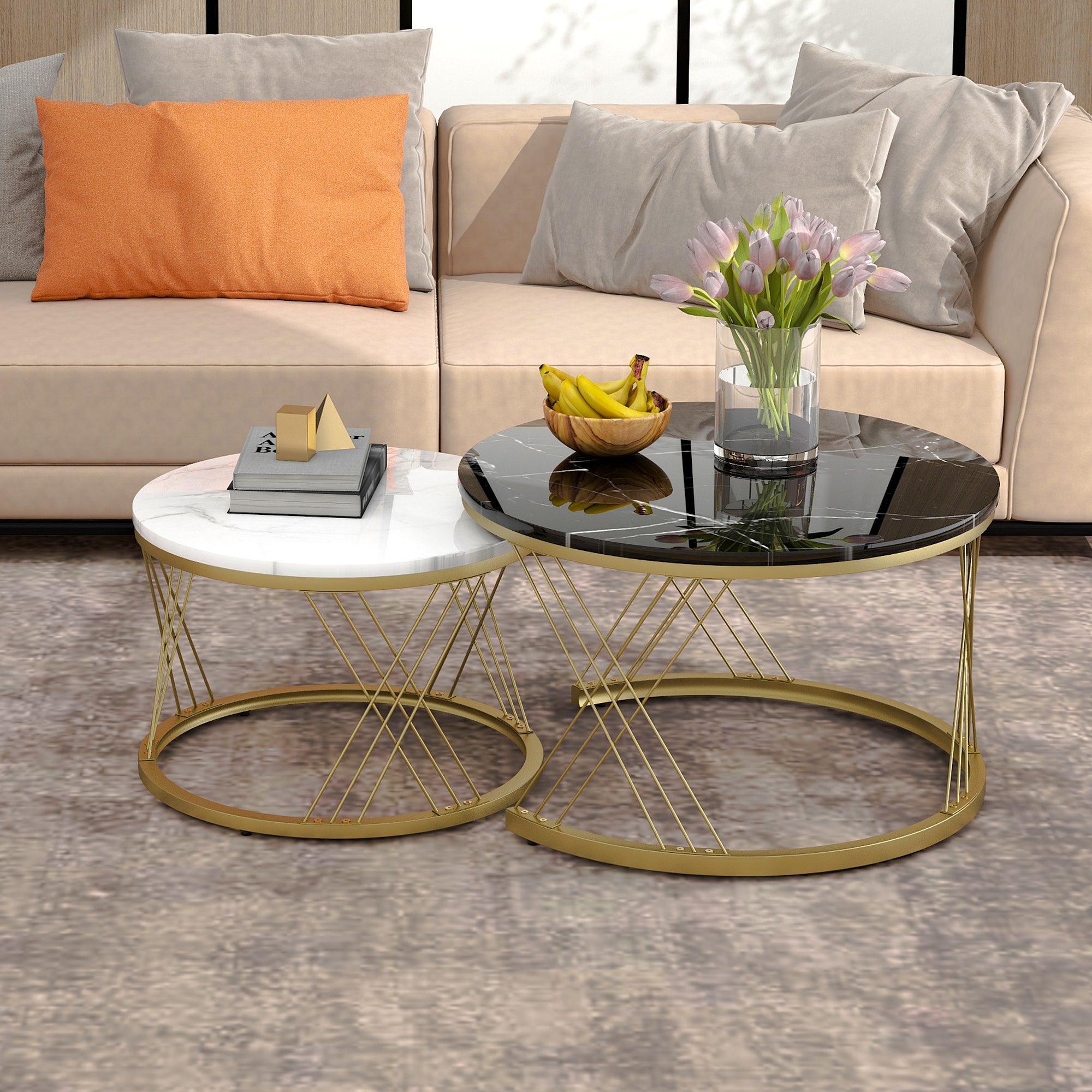 Modern Nesting Coffee Table, Set of 2 Round End Tables, Marble Veneer and Gold
