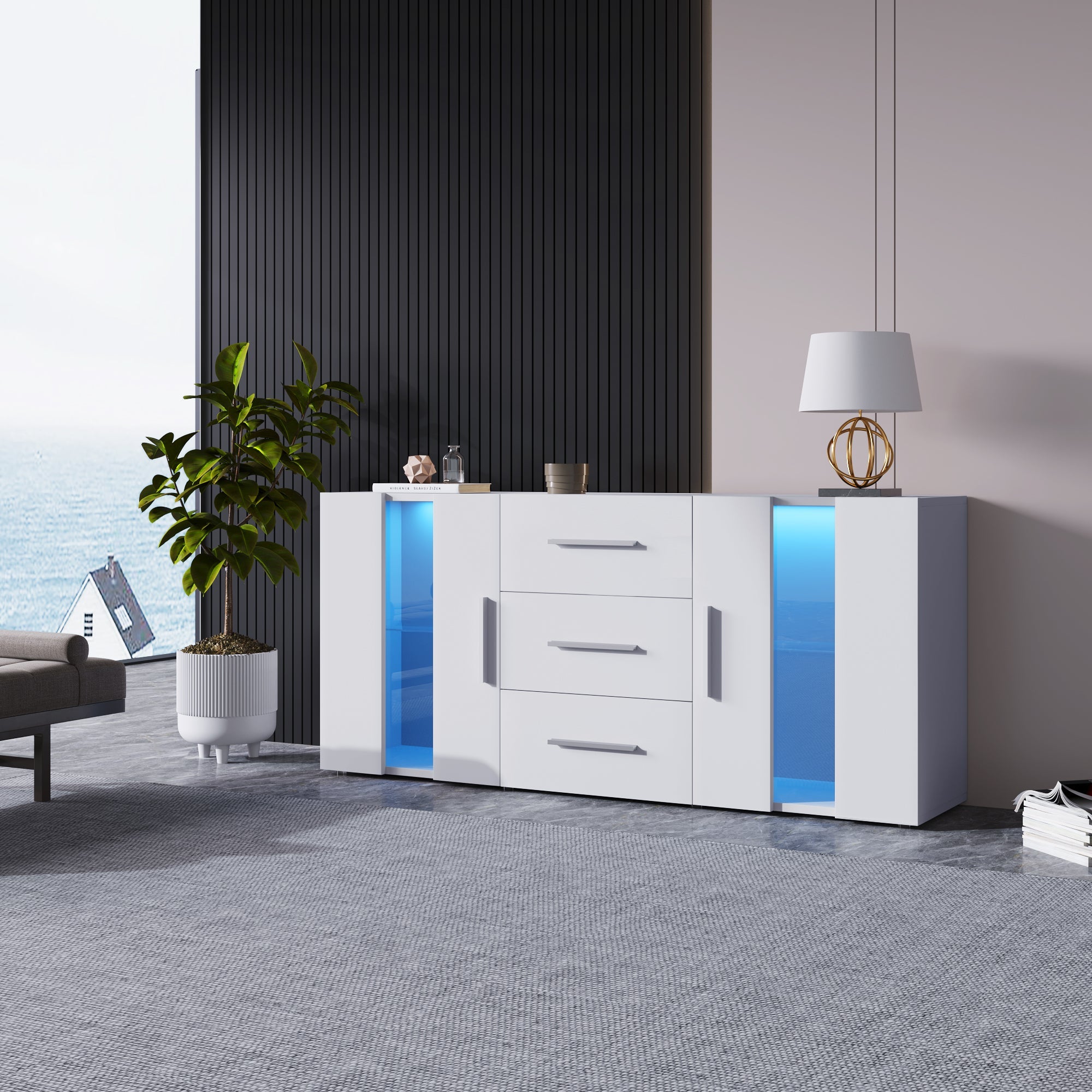 Sideboard, 16-Color LED Lights, 140x35x70cm, for Dining & Living Room