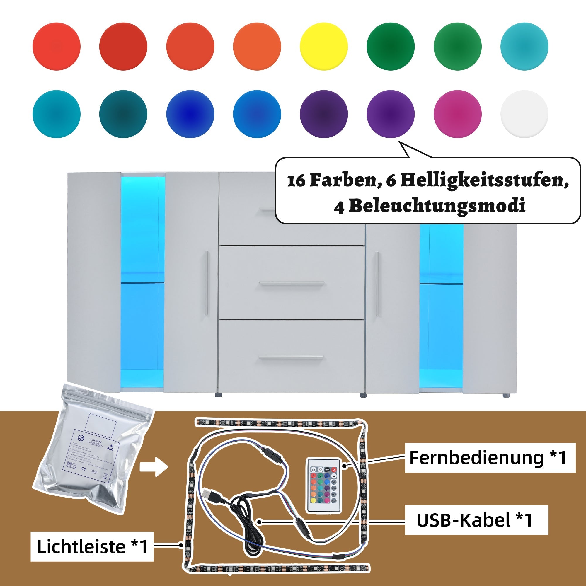 Sideboard, 16-Color LED Lights, 140x35x70cm, for Dining & Living Room