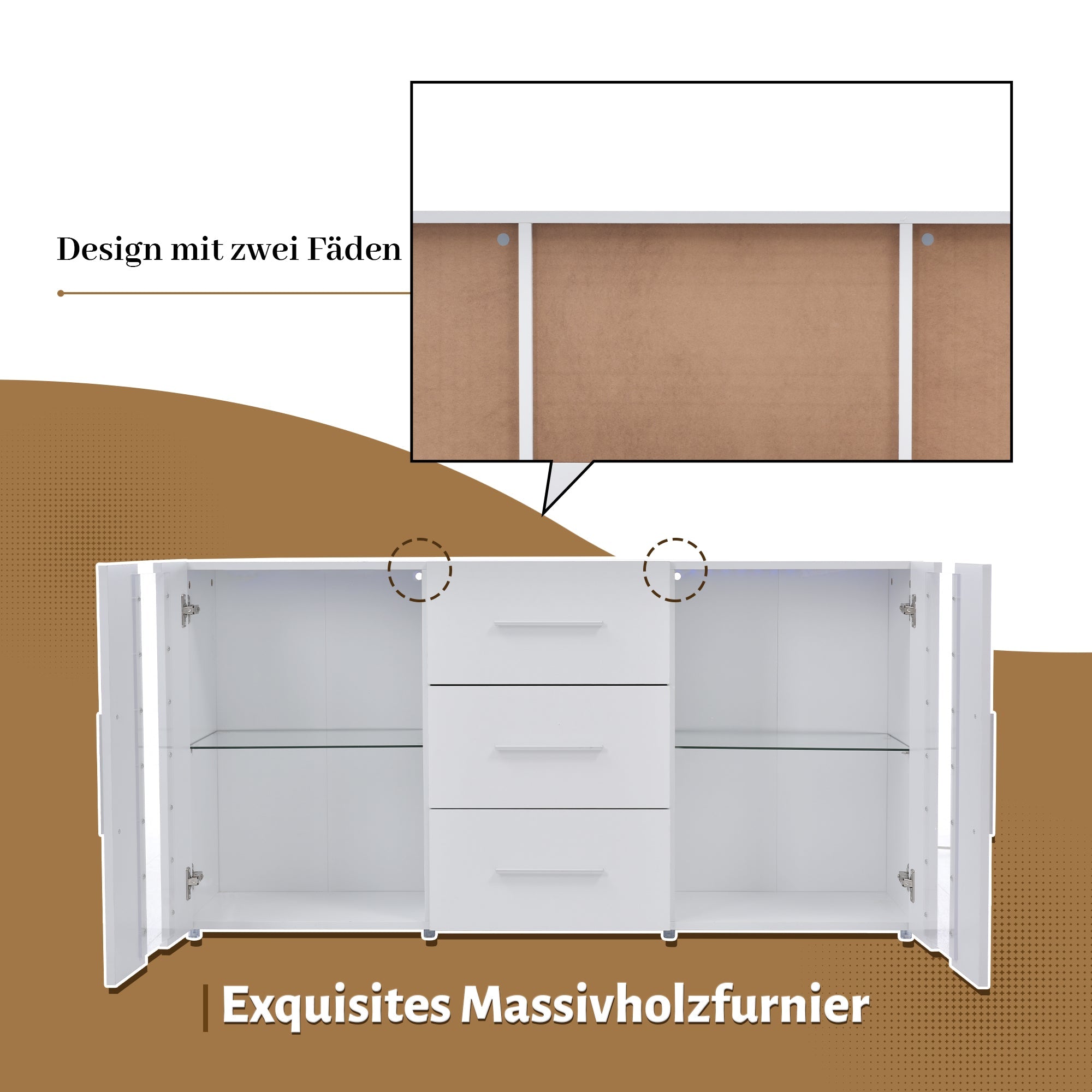 Sideboard, 16-Color LED Lights, 140x35x70cm, for Dining & Living Room