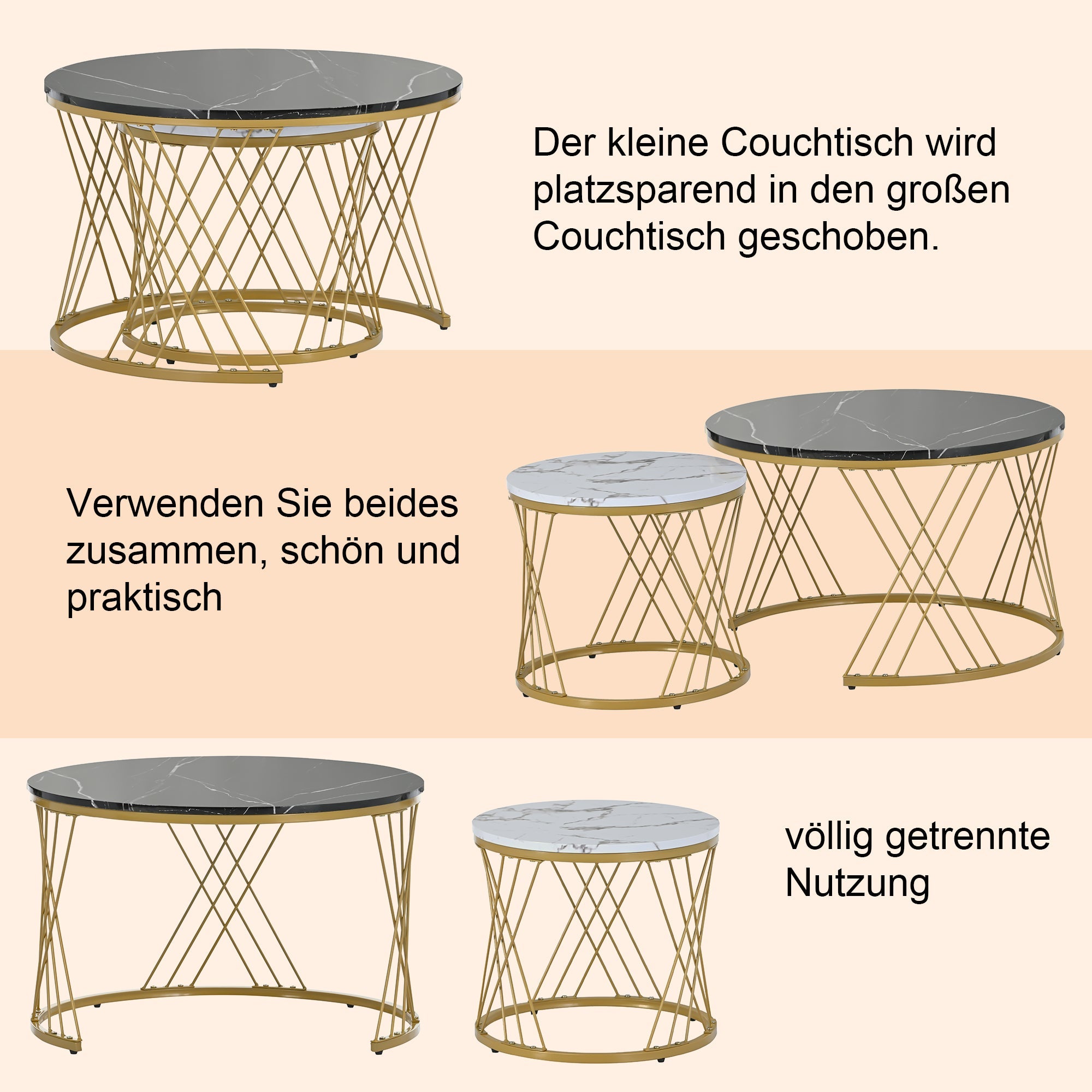 Modern Nesting Coffee Table, Set of 2 Round End Tables, Marble Veneer and Gold