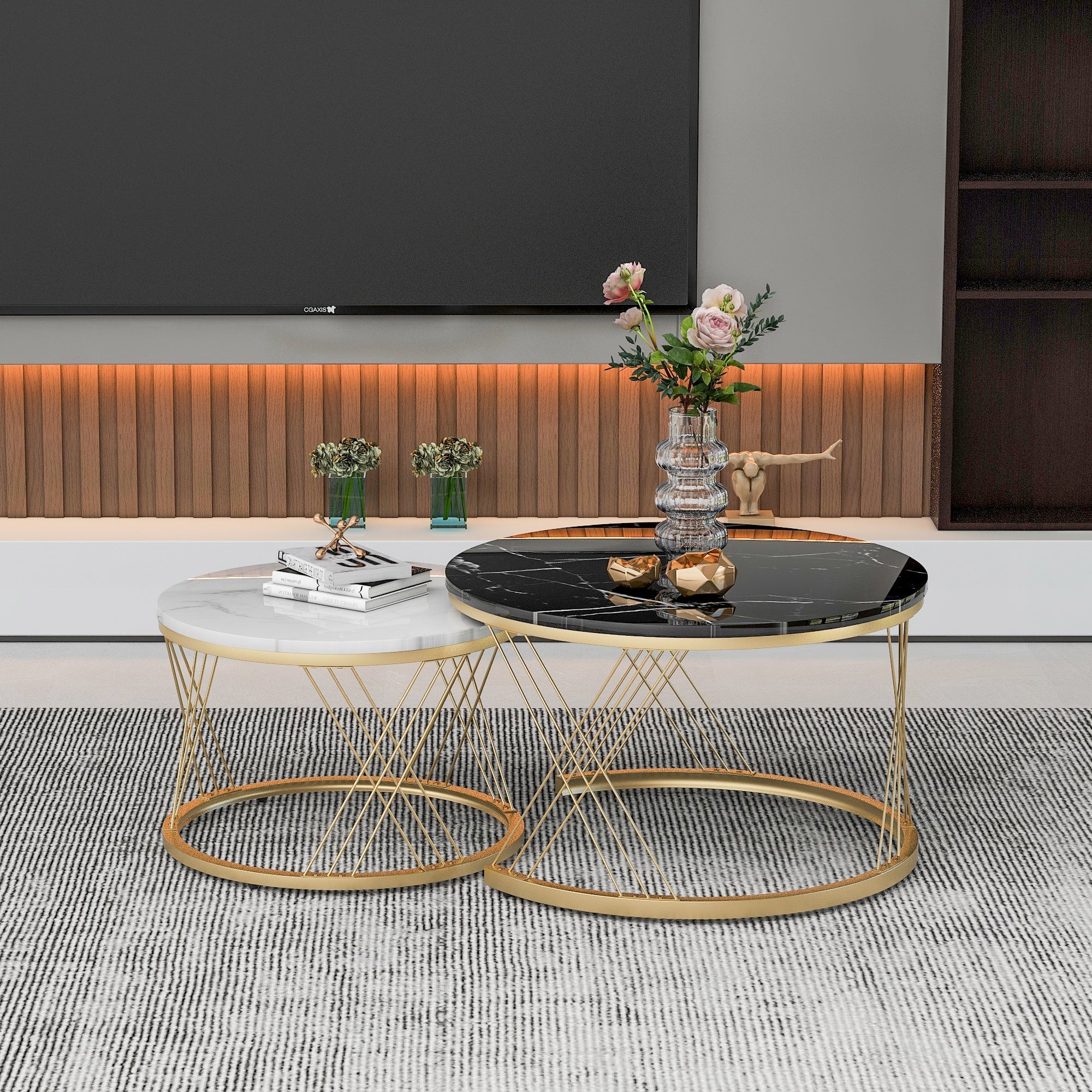 Modern Nesting Coffee Table, Set of 2 Round End Tables, Marble Veneer and Gold