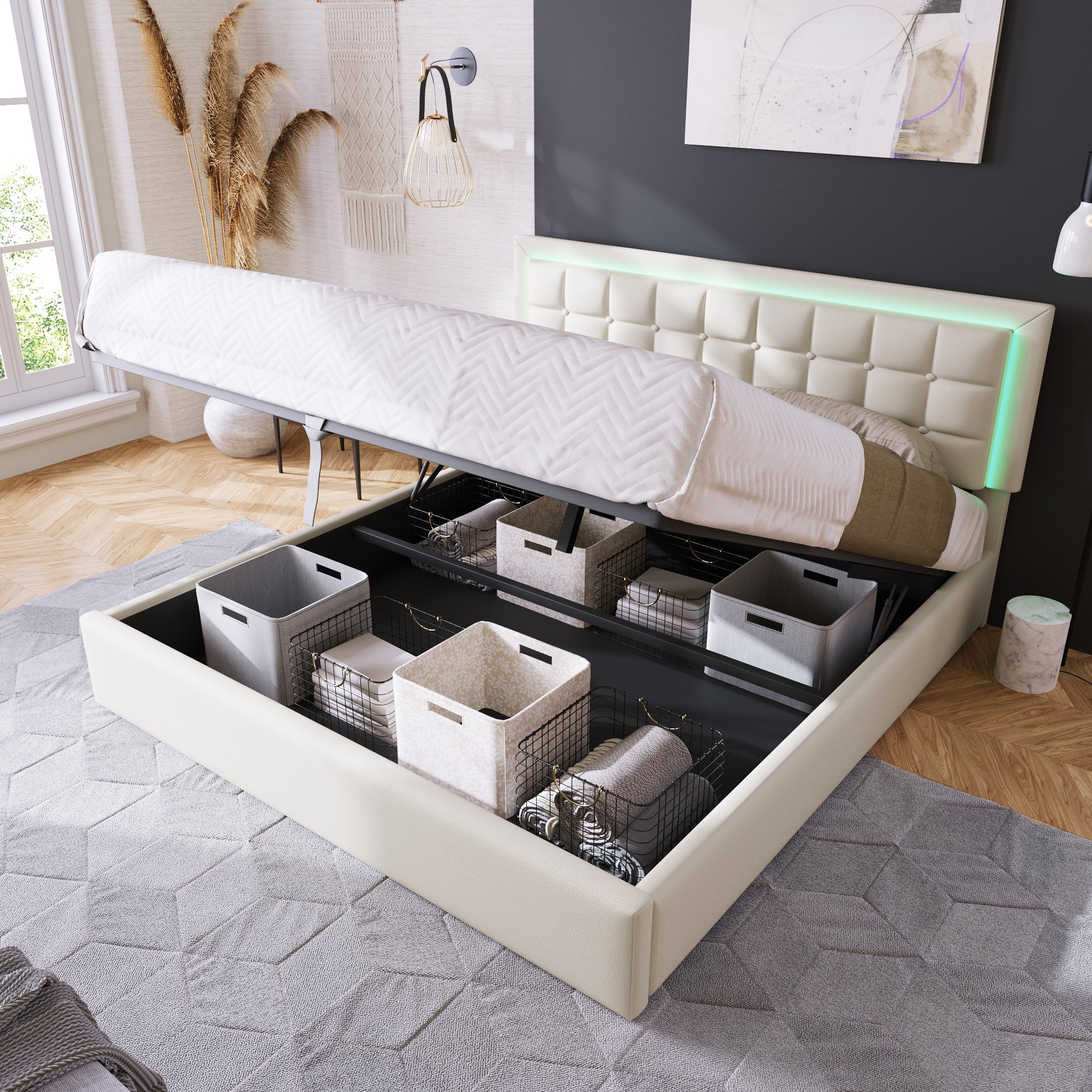 Upholstered Bed, 160x200cm LED Storage Double, White Faux Leather
