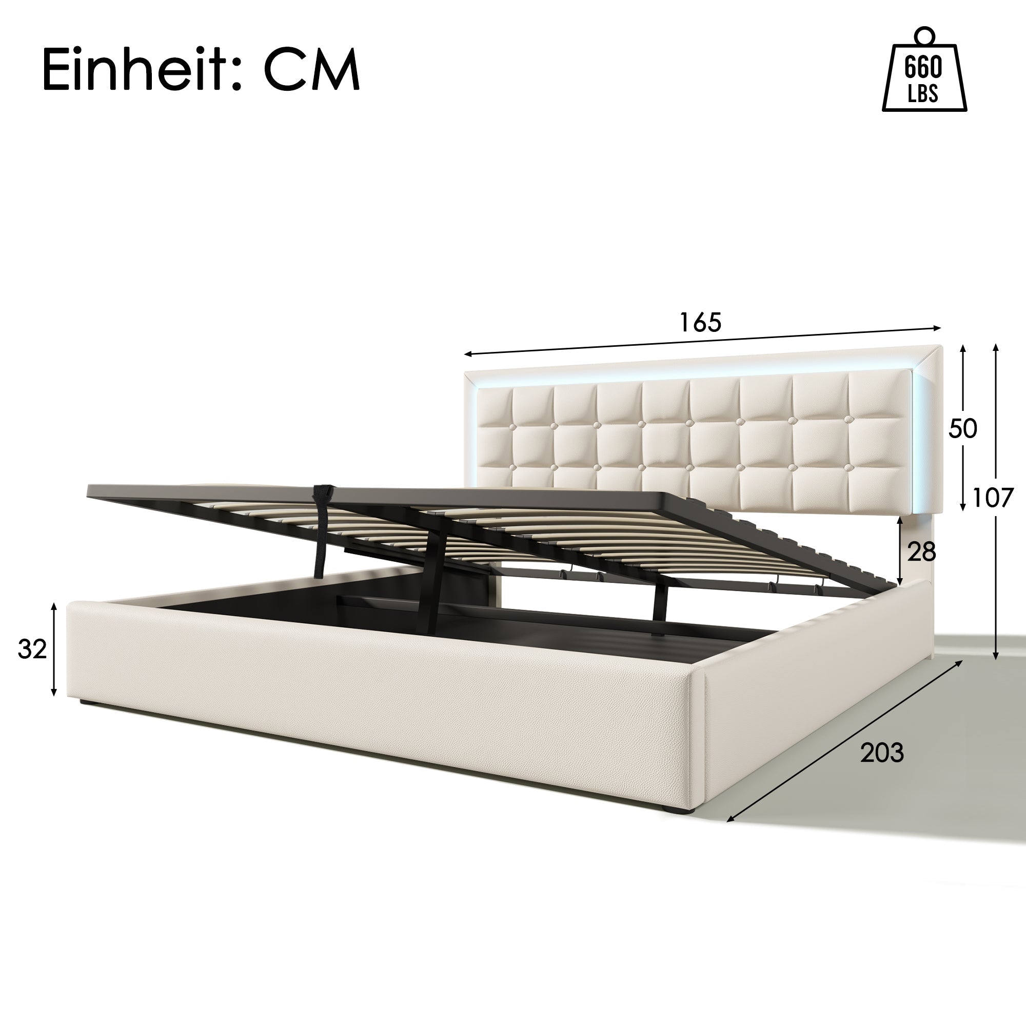 Upholstered Bed, 160x200cm LED Storage Double, White Faux Leather