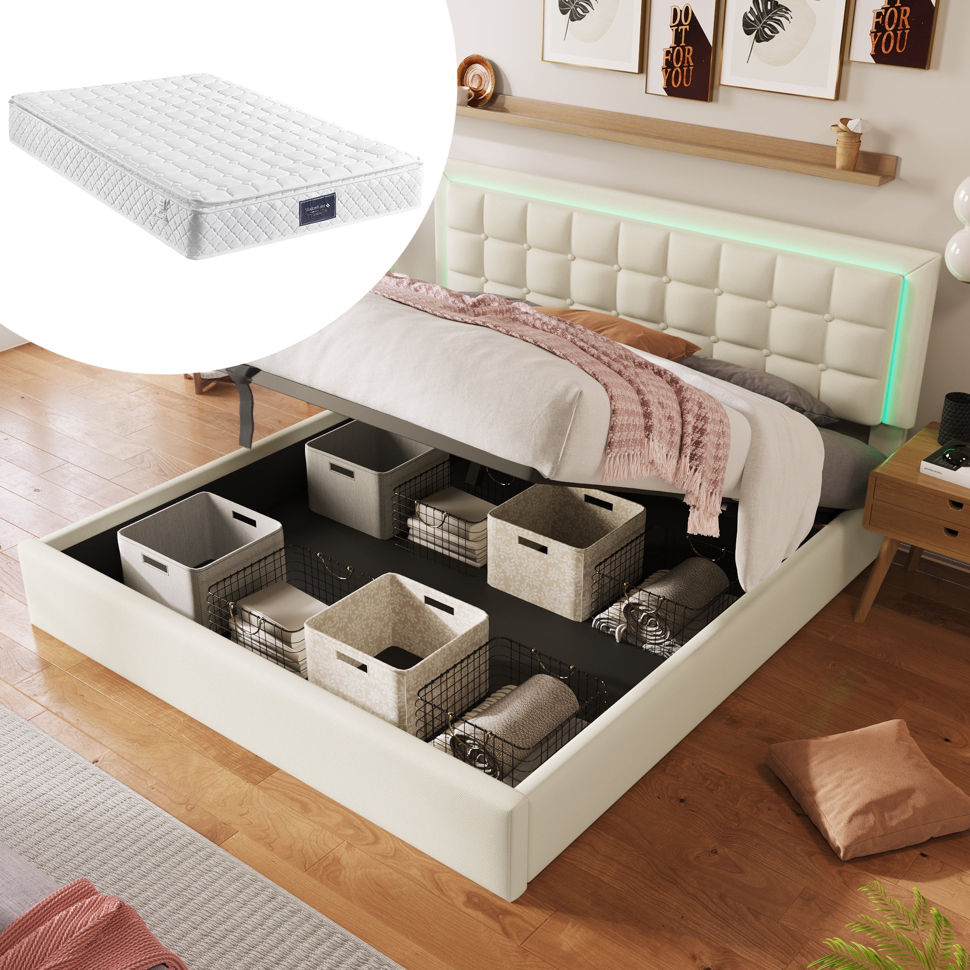 Upholstered Bed, 160x200cm LED Storage Double, White Faux Leather