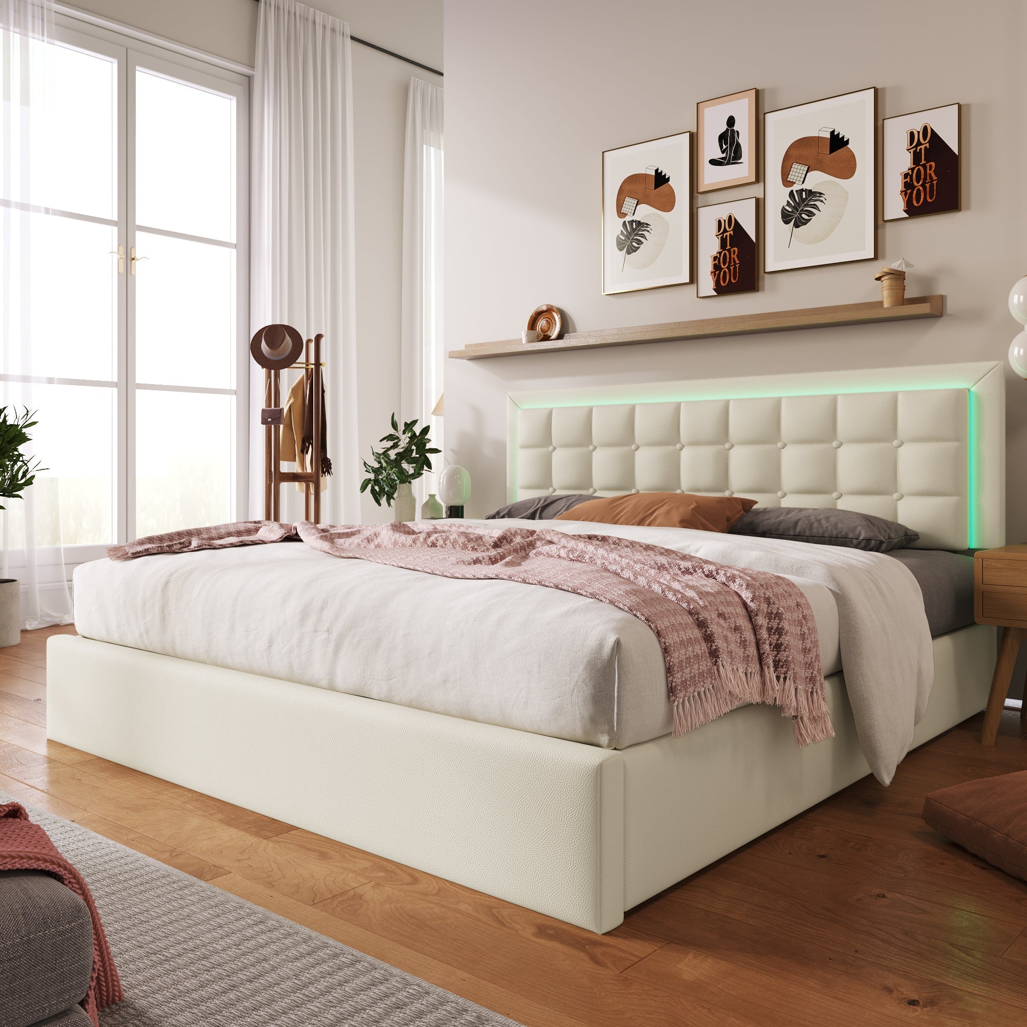 Upholstered Bed, 140x200cm, Storage, LED, White Imitation Leather