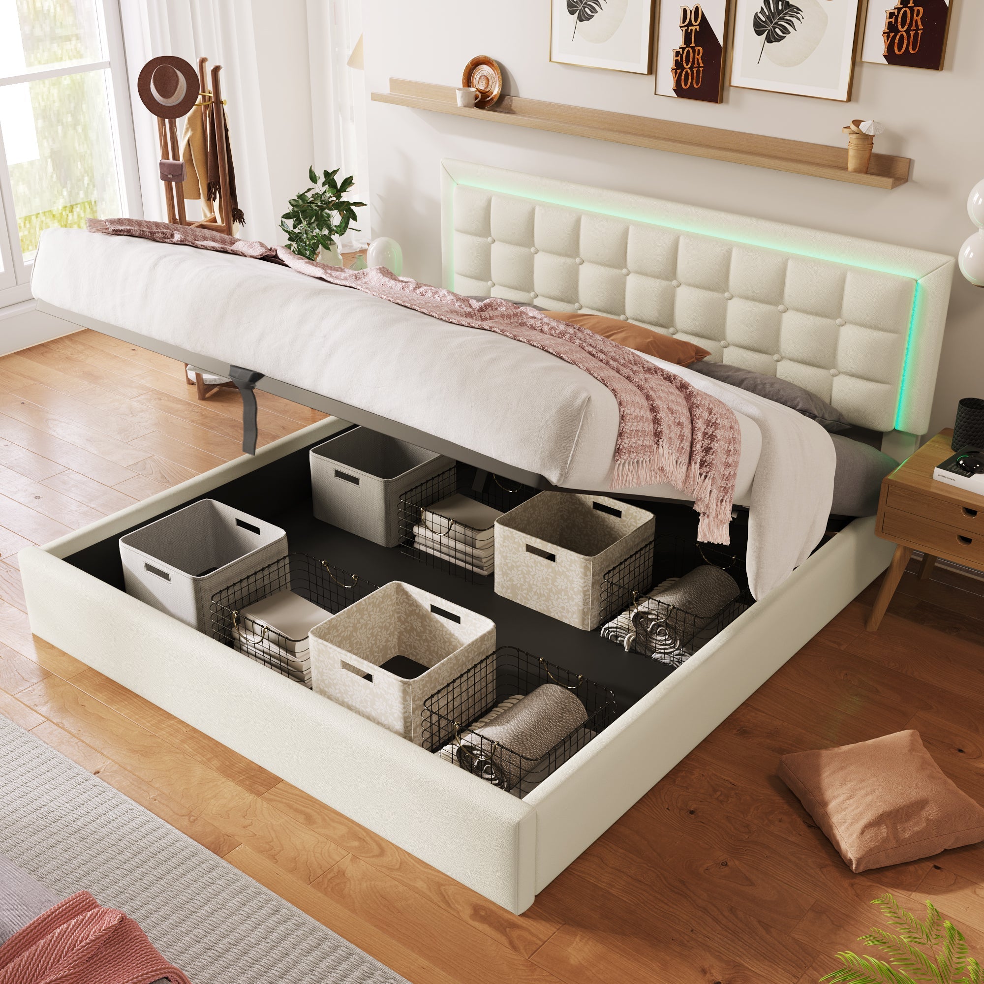 Upholstered Bed, 180x200cm LED Storage Double, White Artificial Leather