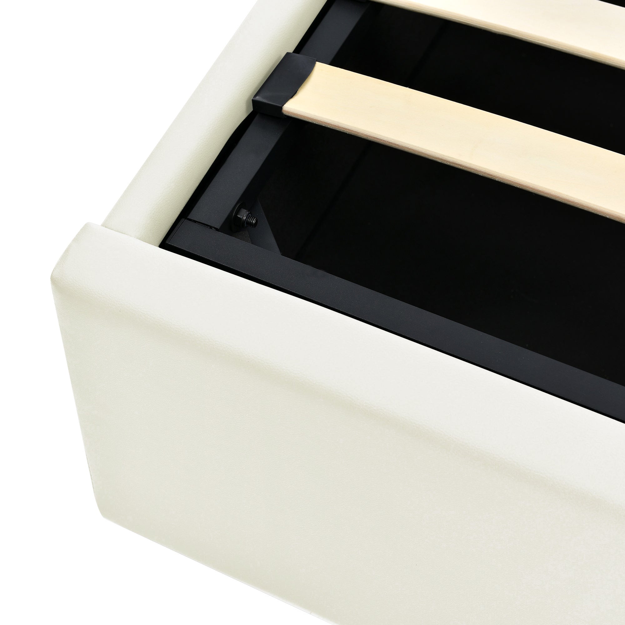 Upholstered Bed, 140x200cm, Storage, LED, White Imitation Leather