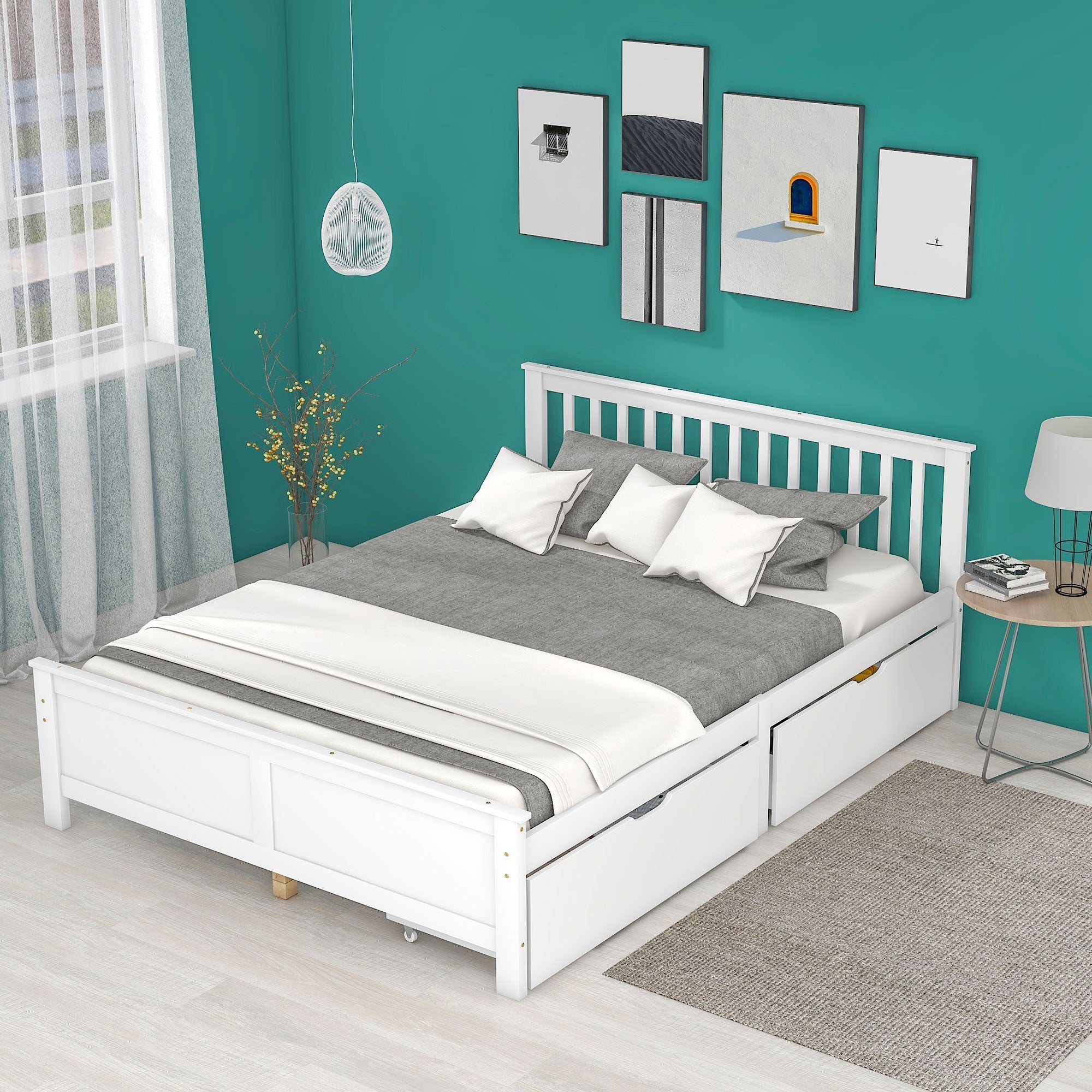 Wooden Bed, Double/Youth/Adult, Storage Drawers, Pinewood, White