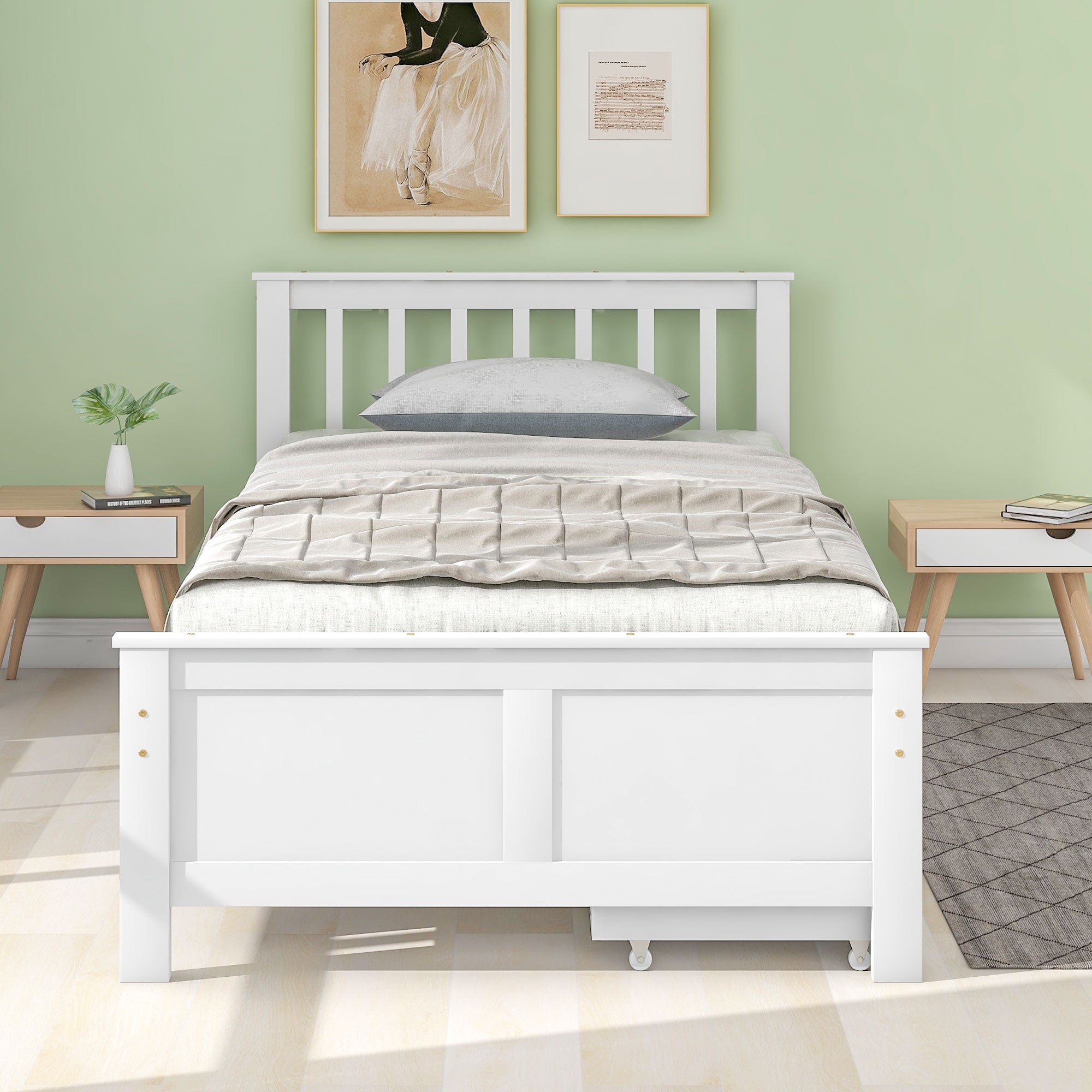 Wooden Bed, Single Adult Youth with Storage Drawers, Pine Wood, White