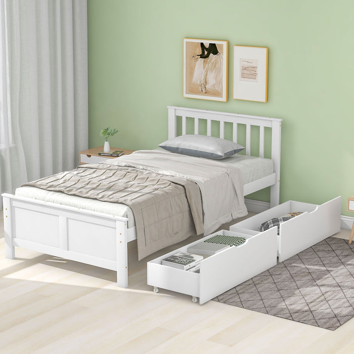 Wooden Bed, Single Adult Youth with Storage Drawers, Pine Wood, White