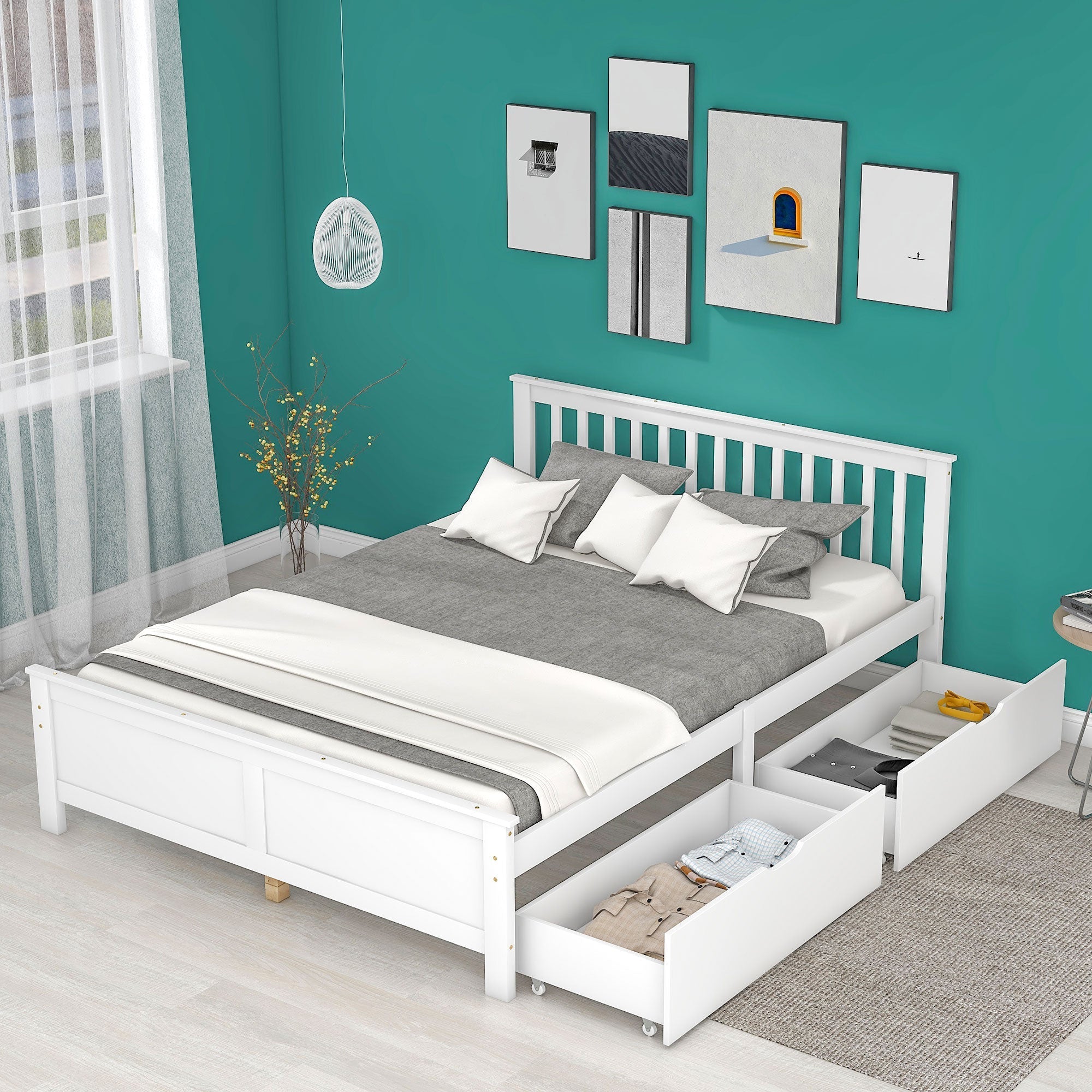 Wooden Bed, Double/Youth/Adult, Storage Drawers, Pinewood, White