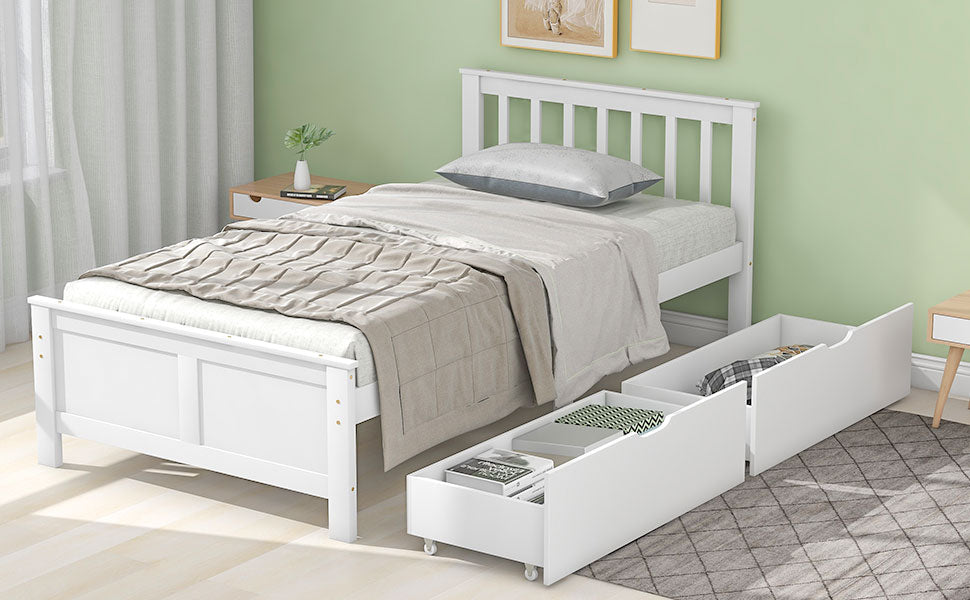 Wooden Bed, Single Adult Youth with Storage Drawers, Pine Wood, White
