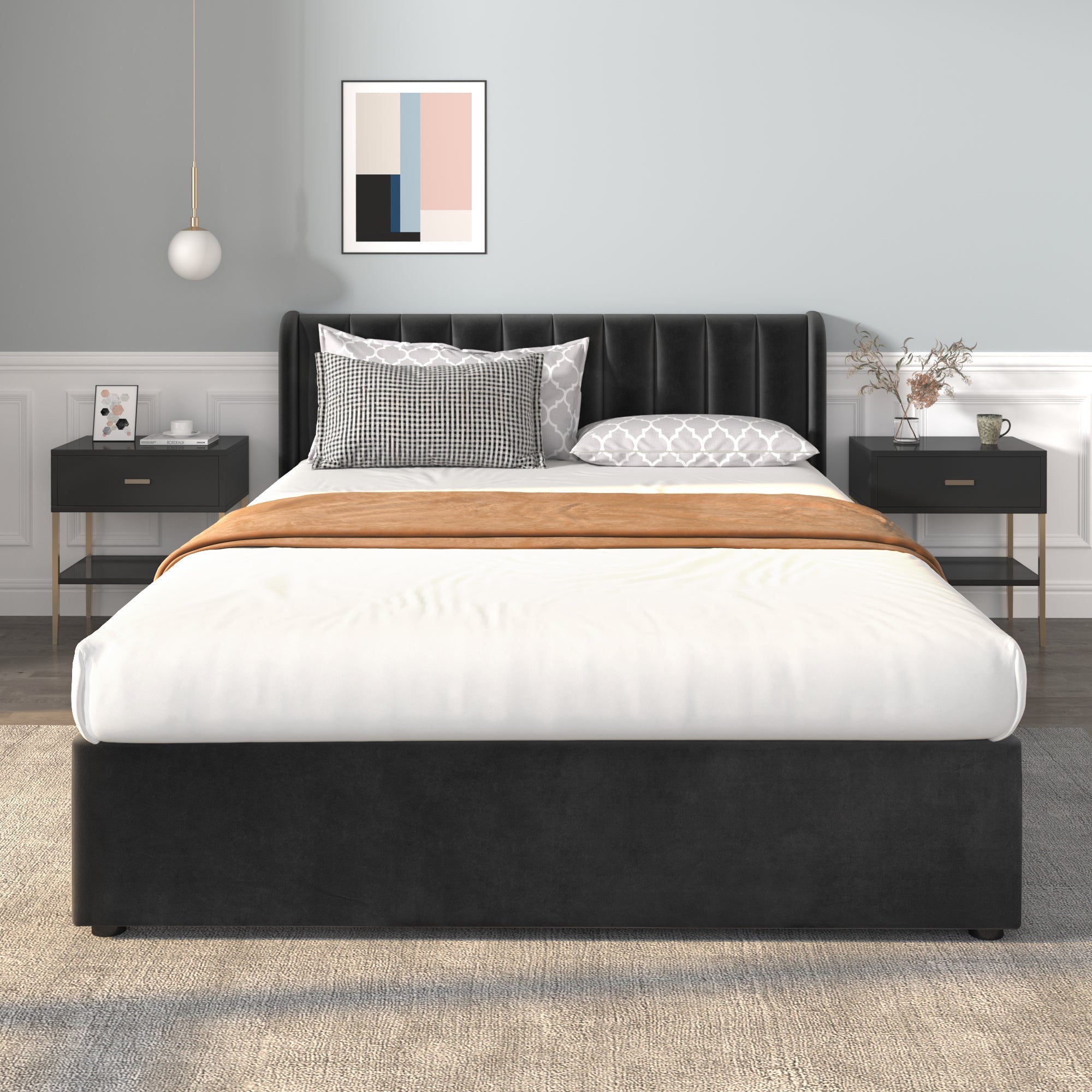 Upholstered Bed 140x200cm 2 Drawers Slatted Base - Black Velvet