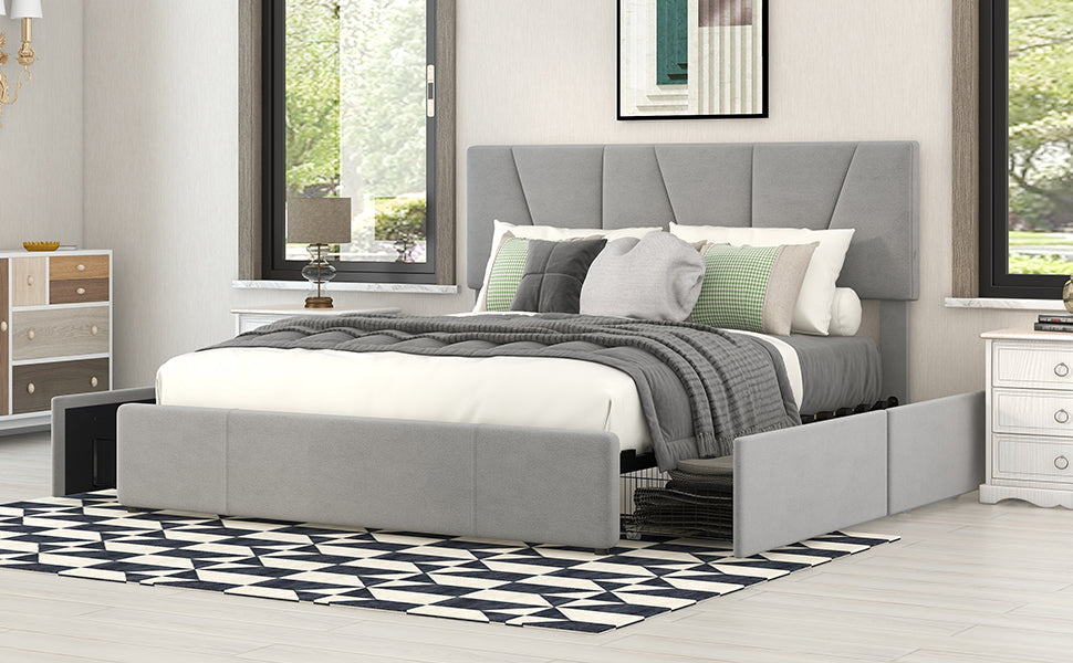 Upholstered Platform Bed Double Size 140x200cm 4 Drawers Adjustable Headboard Grey