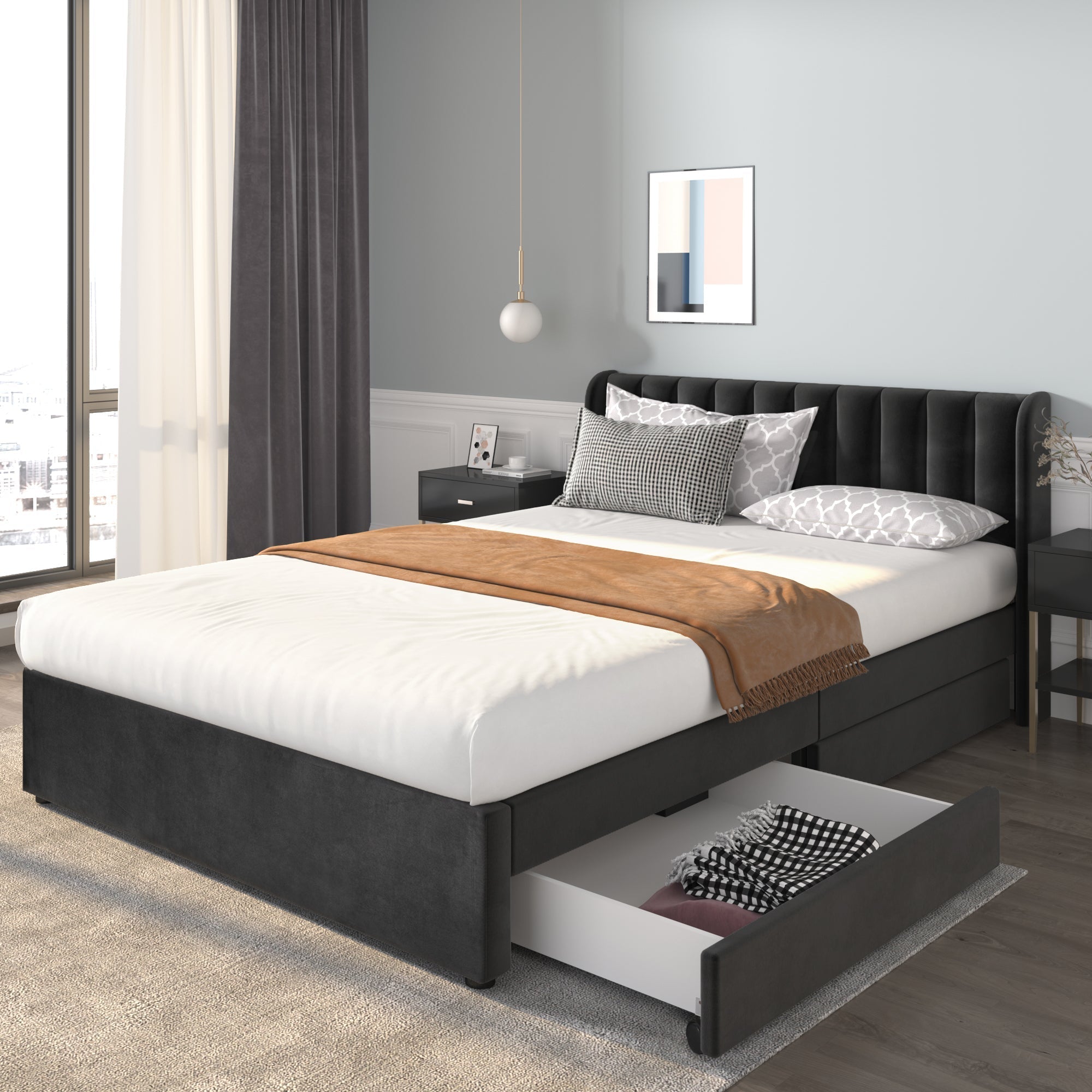 Upholstered Bed 140x200cm 2 Drawers Slatted Base - Black Velvet