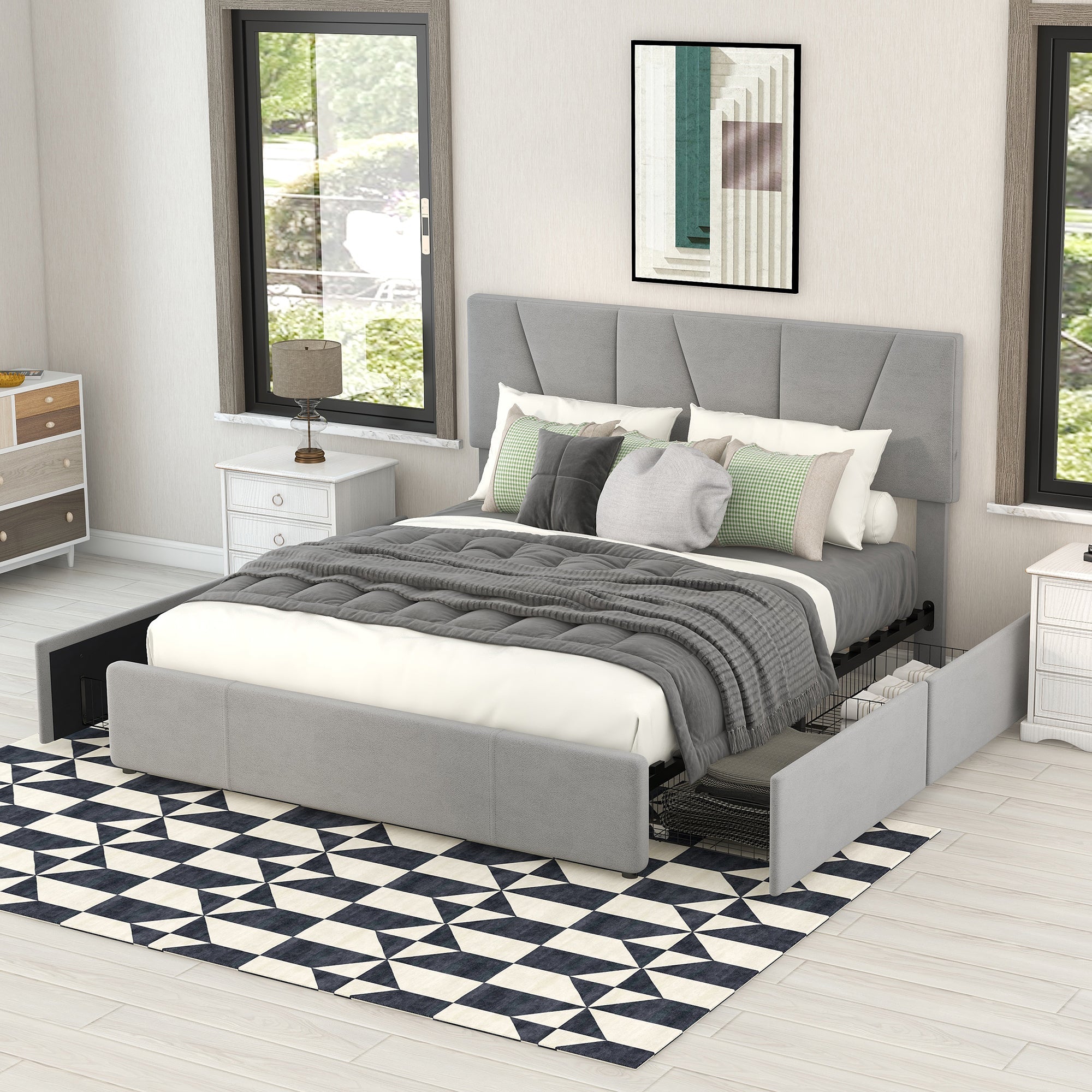 Upholstered Platform Bed Double Size 140x200cm 4 Drawers Adjustable Headboard Grey