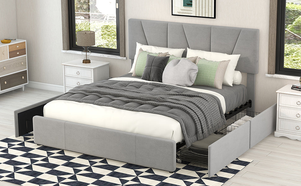 Upholstered Platform Bed Double Size 140x200cm 4 Drawers Adjustable Headboard Grey