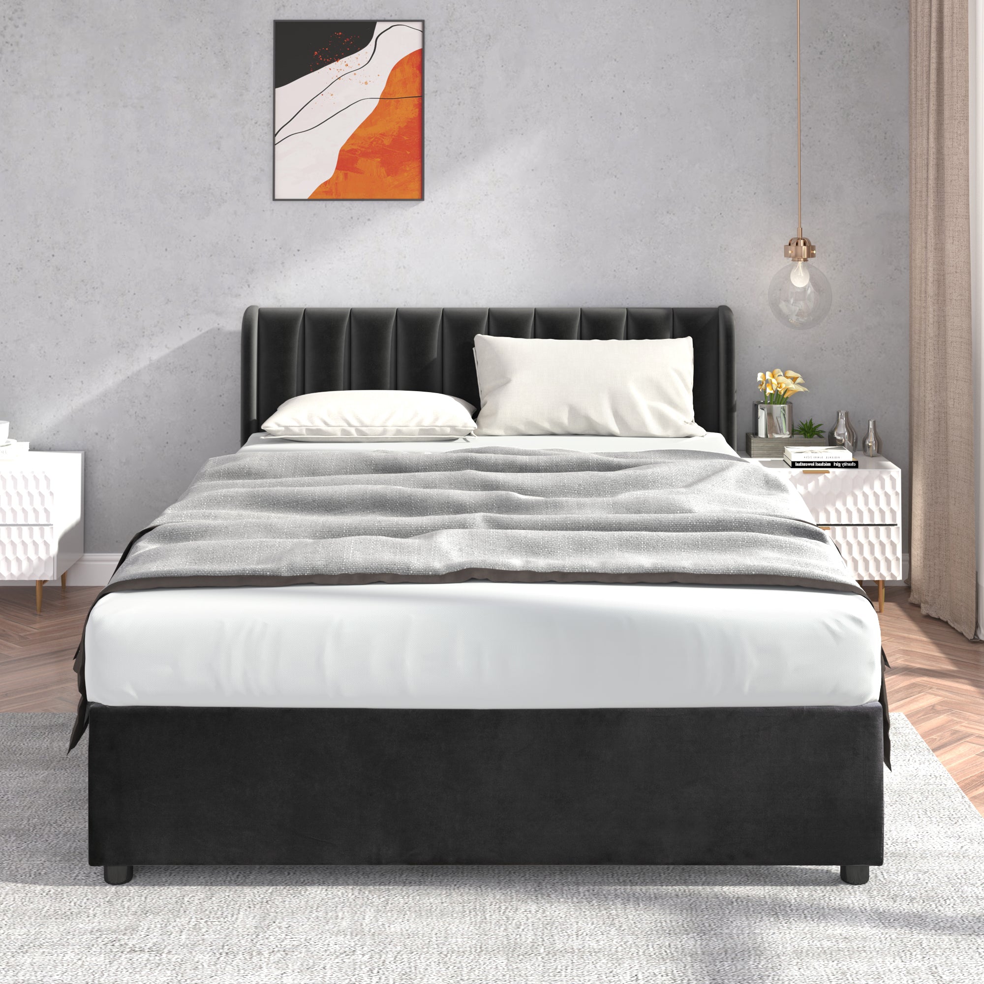 Upholstered Bed 140x200cm 2 Drawers Slatted Base - Black Velvet