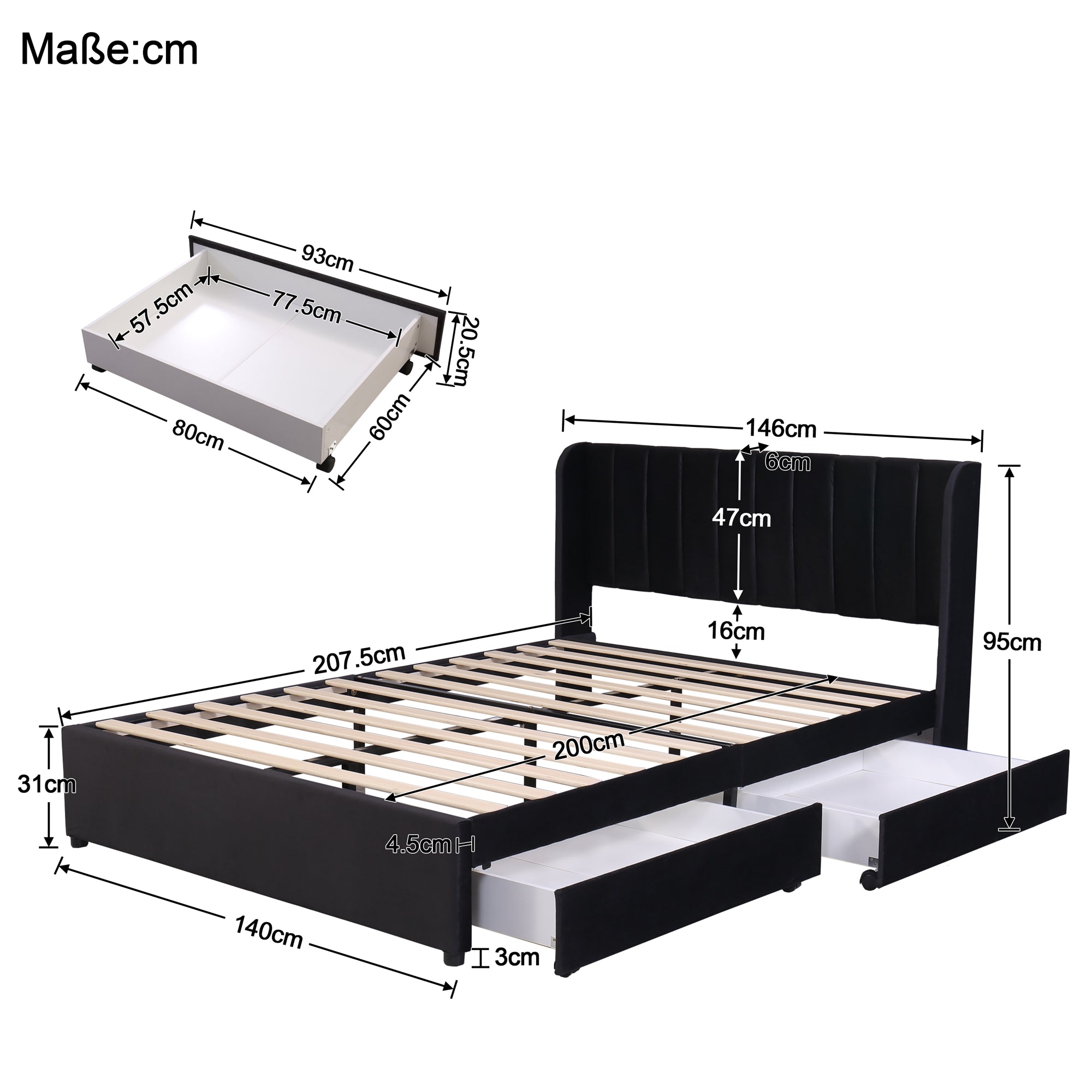 Upholstered Bed 140x200cm 2 Drawers Slatted Base - Black Velvet