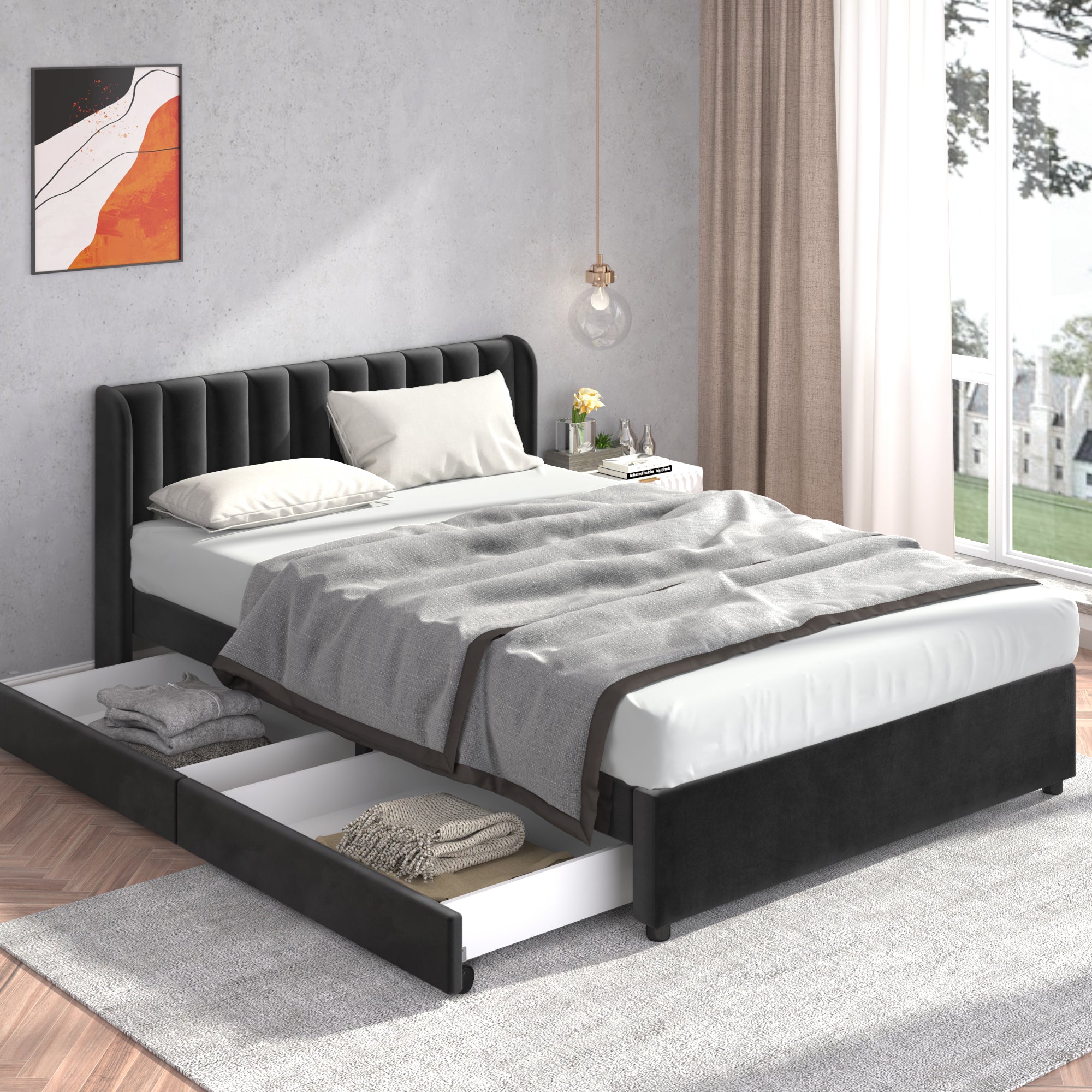 Upholstered Bed 140x200cm 2 Drawers Slatted Base - Black Velvet