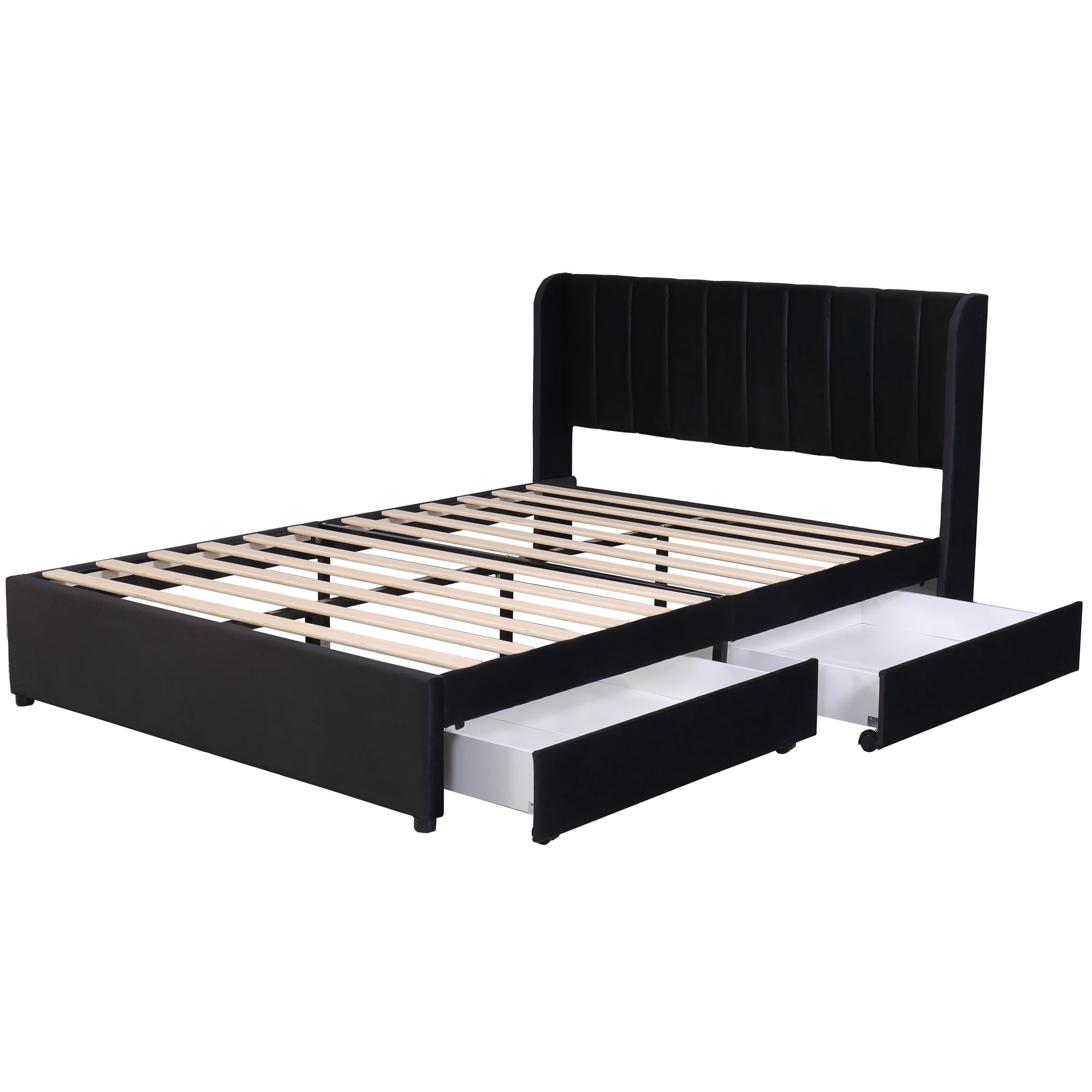 Upholstered Bed 140x200cm 2 Drawers Slatted Base - Black Velvet