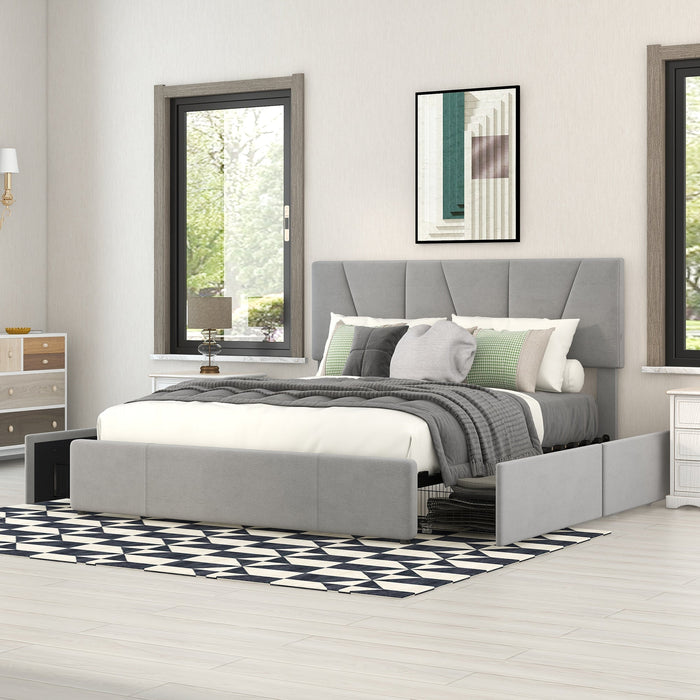 Upholstered Platform Bed Double Size 140x200cm 4 Drawers Adjustable Headboard Grey