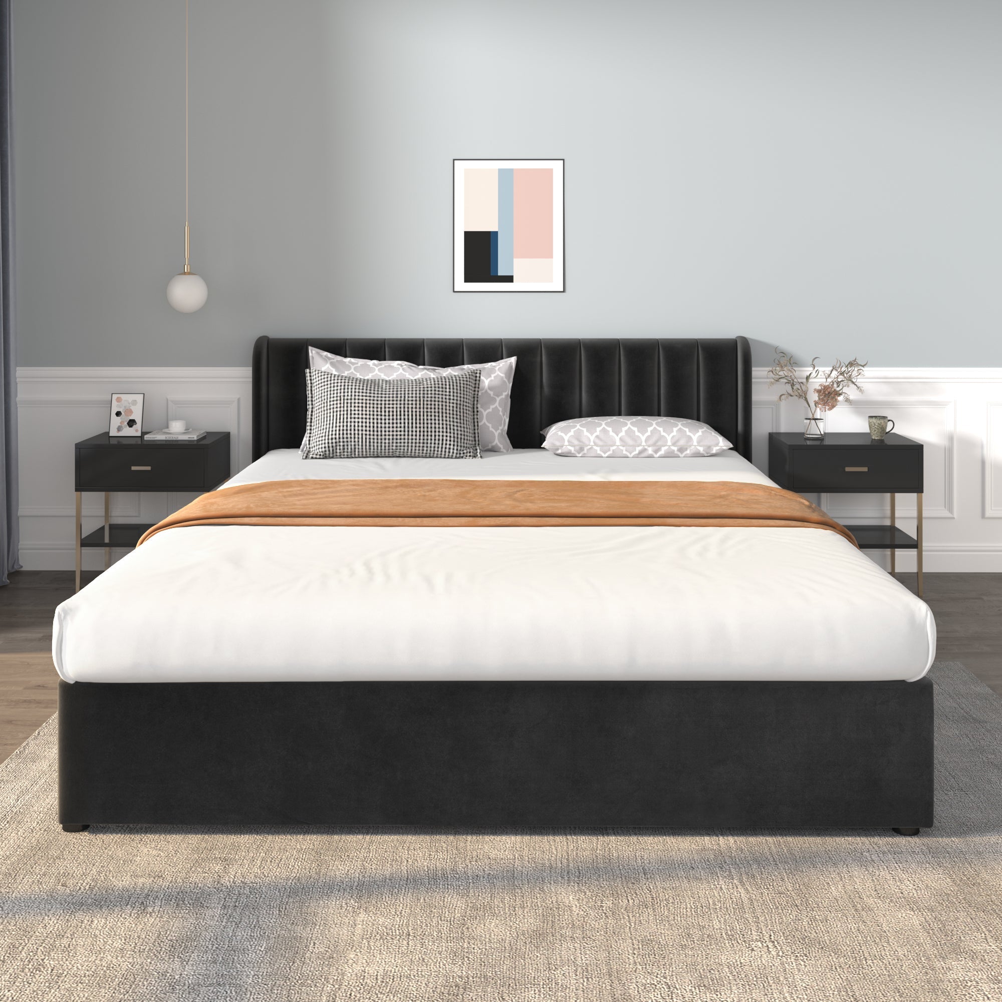 Upholstered Bed 180x200cm Slatted Base Headboard 2 Drawers, Black Velvet