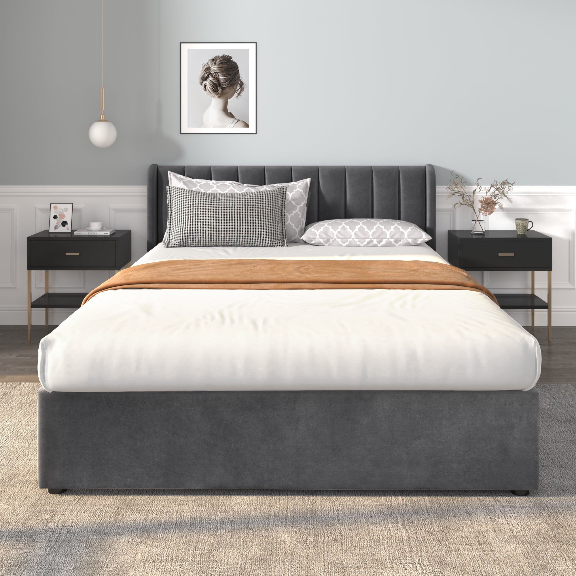 Upholstered Bed 140x200cm Headboard 2 Drawers - Grey Velvet