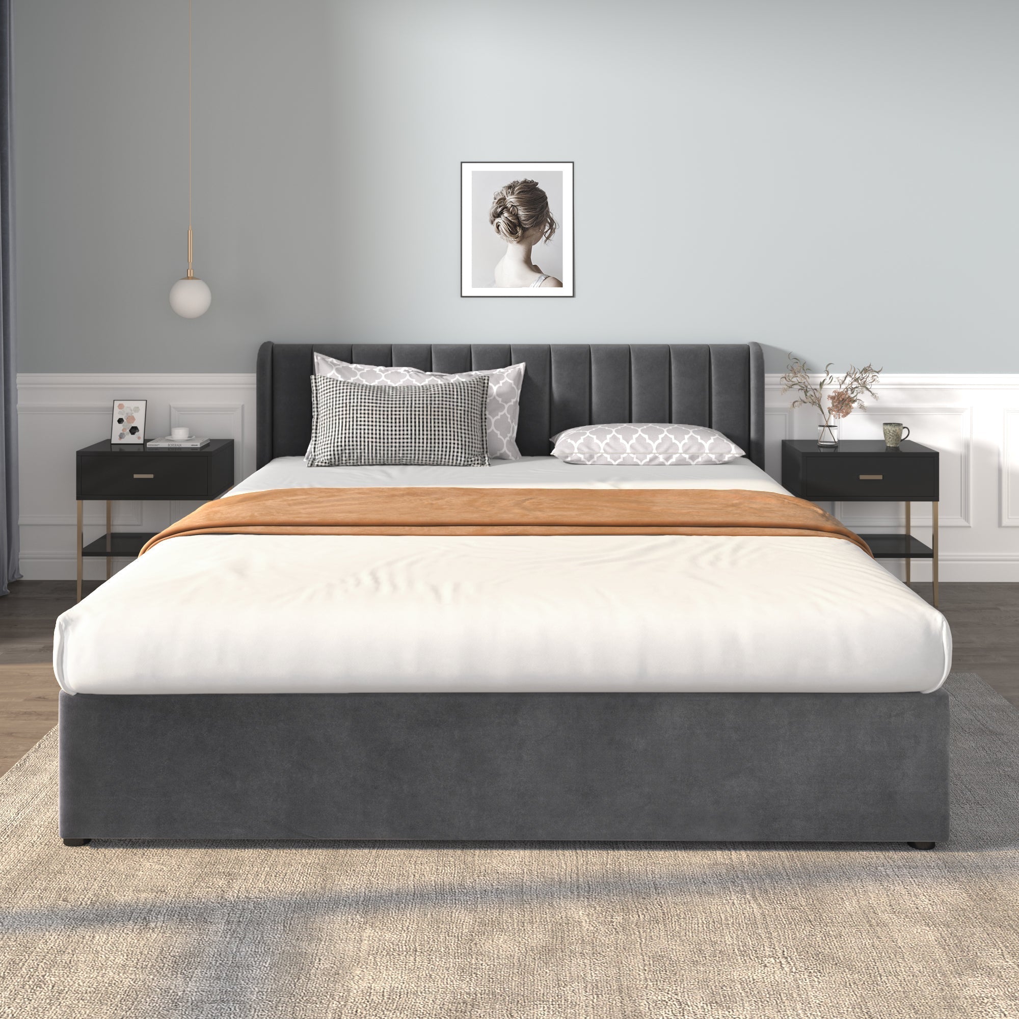 Upholstered Bed 180x200cm Headboard Slatted Base 2 Drawers - Velvet Grey