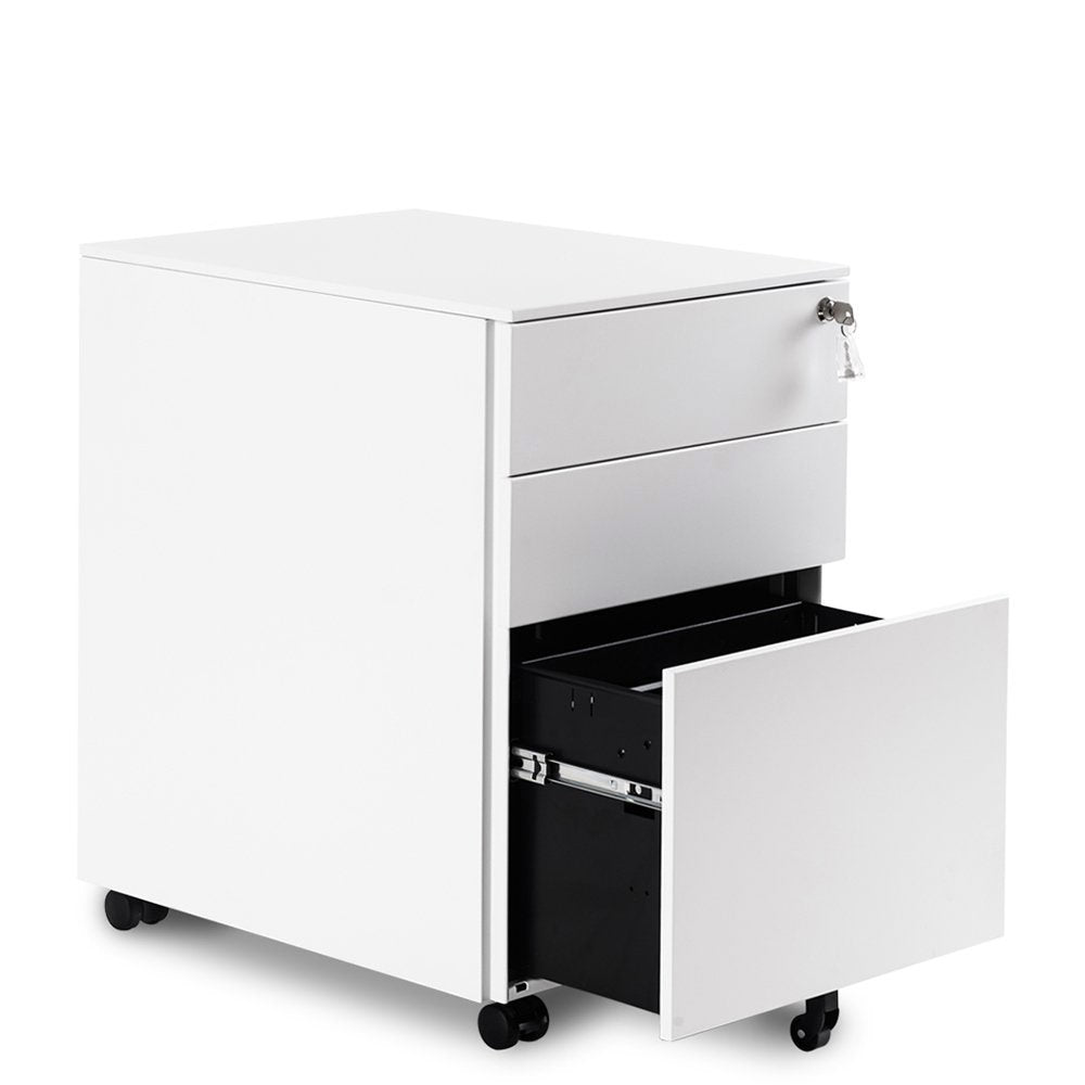 Mobile File Cabinet 3 Drawers 5 Wheels Lockable Storage for A4 Metal Solid Pedestal with Keys - Clearance