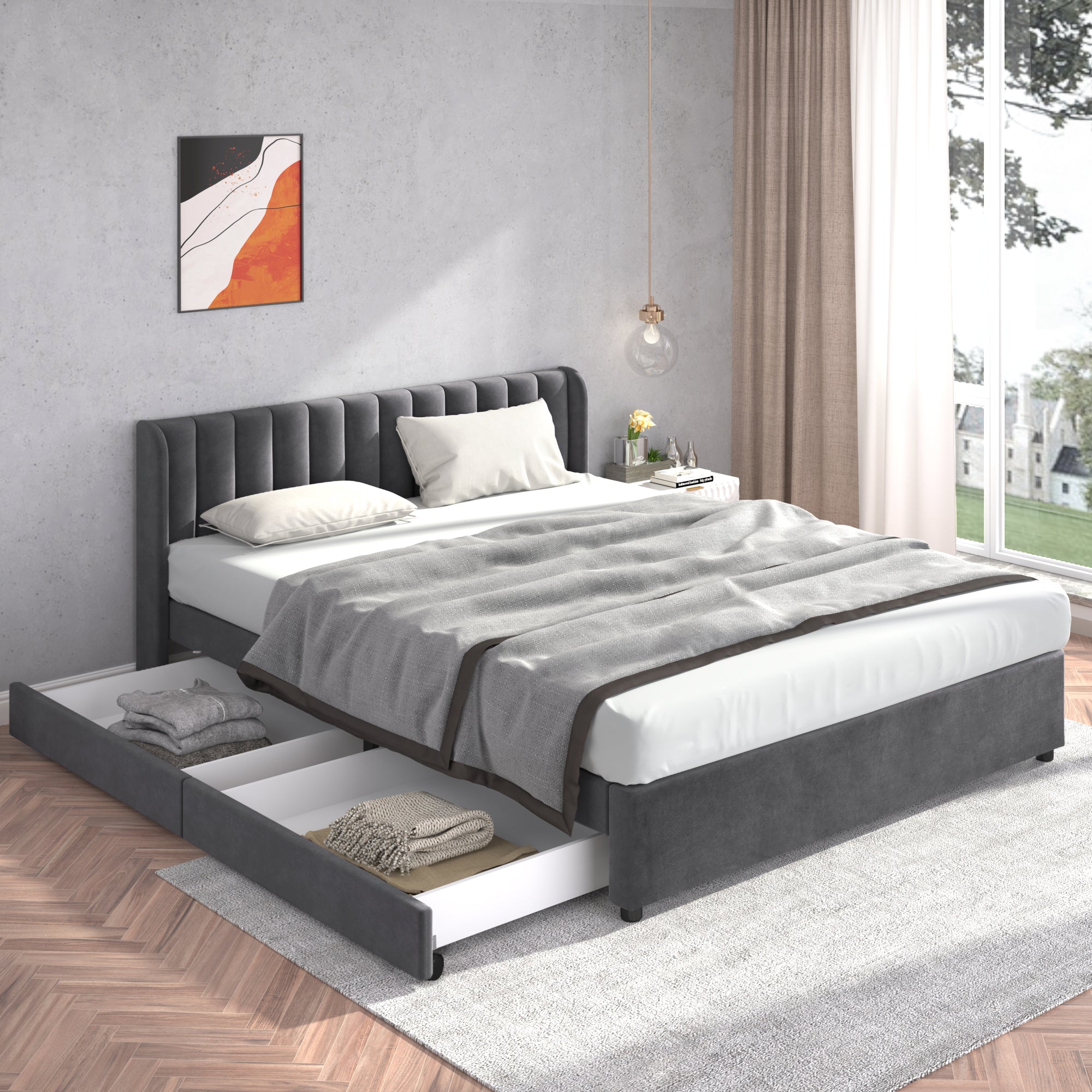 Upholstered Bed 180x200cm Headboard Slatted Base 2 Drawers - Velvet Grey