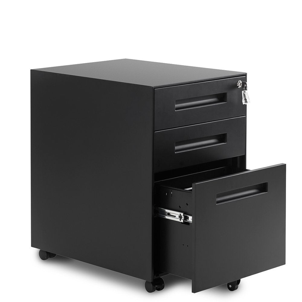 3 Drawer Steel Metal Filing Cabinet with Embedded Handle and Lock (Black)