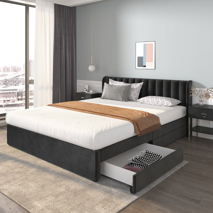Upholstered Bed 180x200cm Slatted Base Headboard 2 Drawers, Black Velvet