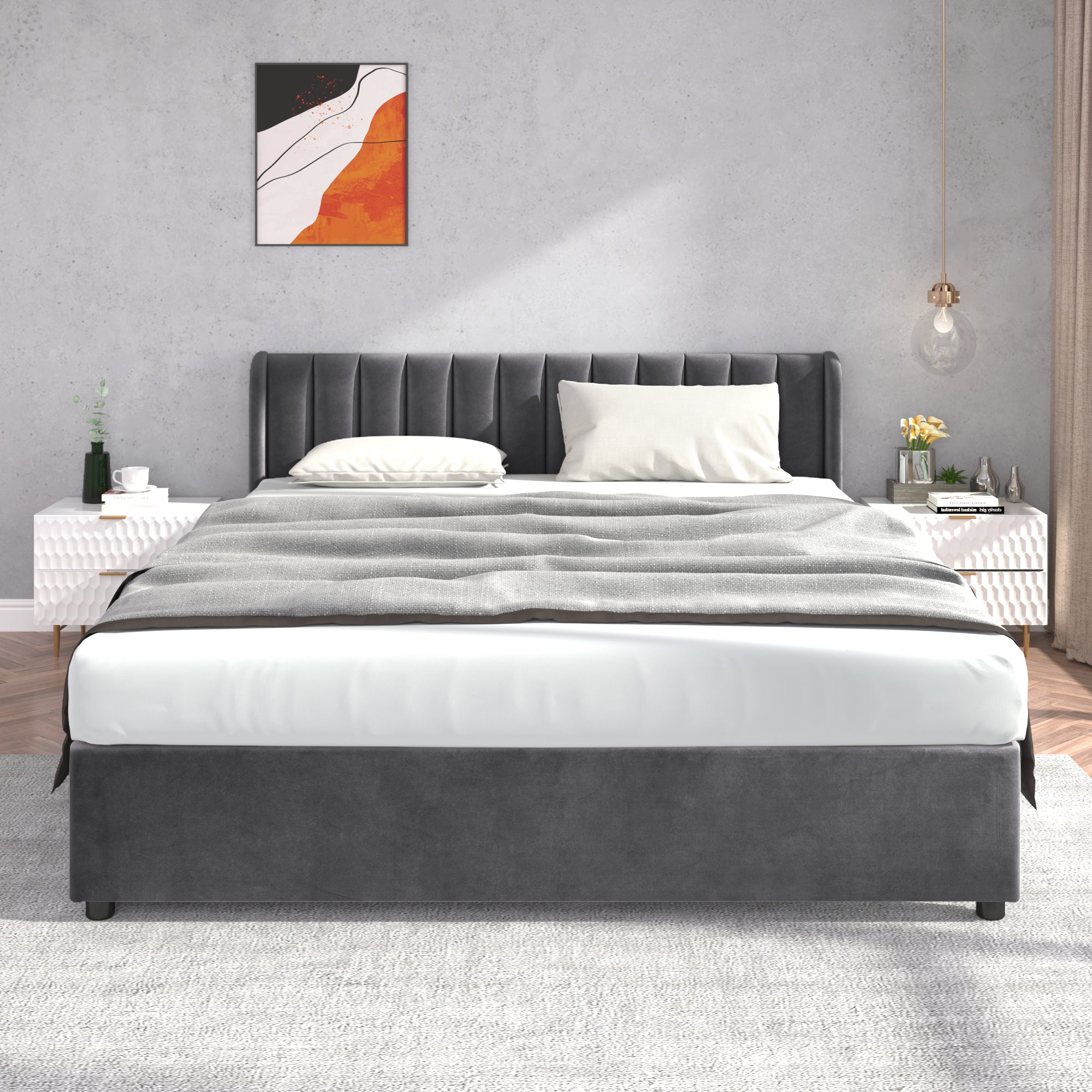 Upholstered Bed 180x200cm Headboard Slatted Base 2 Drawers - Velvet Grey