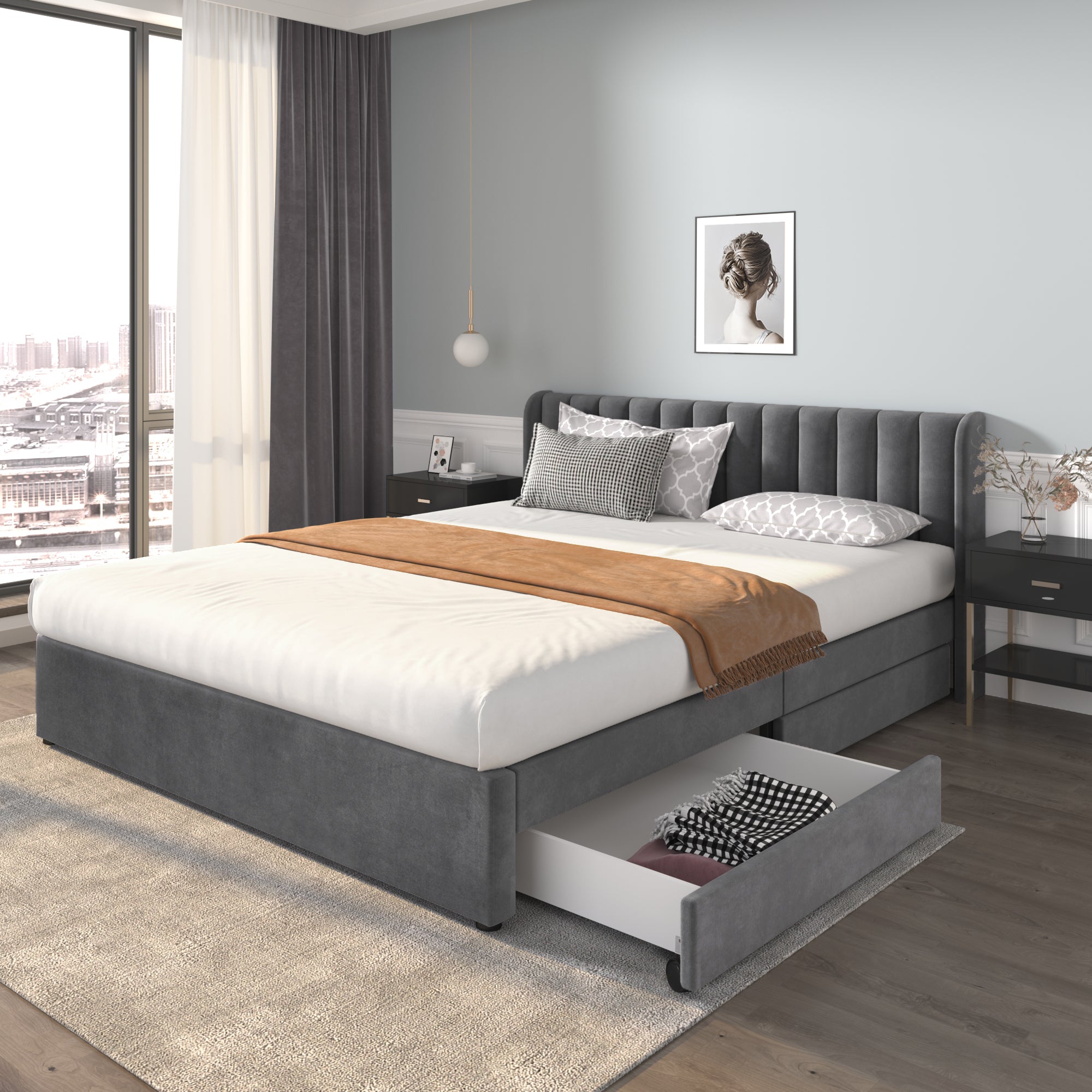 Upholstered Bed 180x200cm Headboard Slatted Base 2 Drawers - Velvet Grey