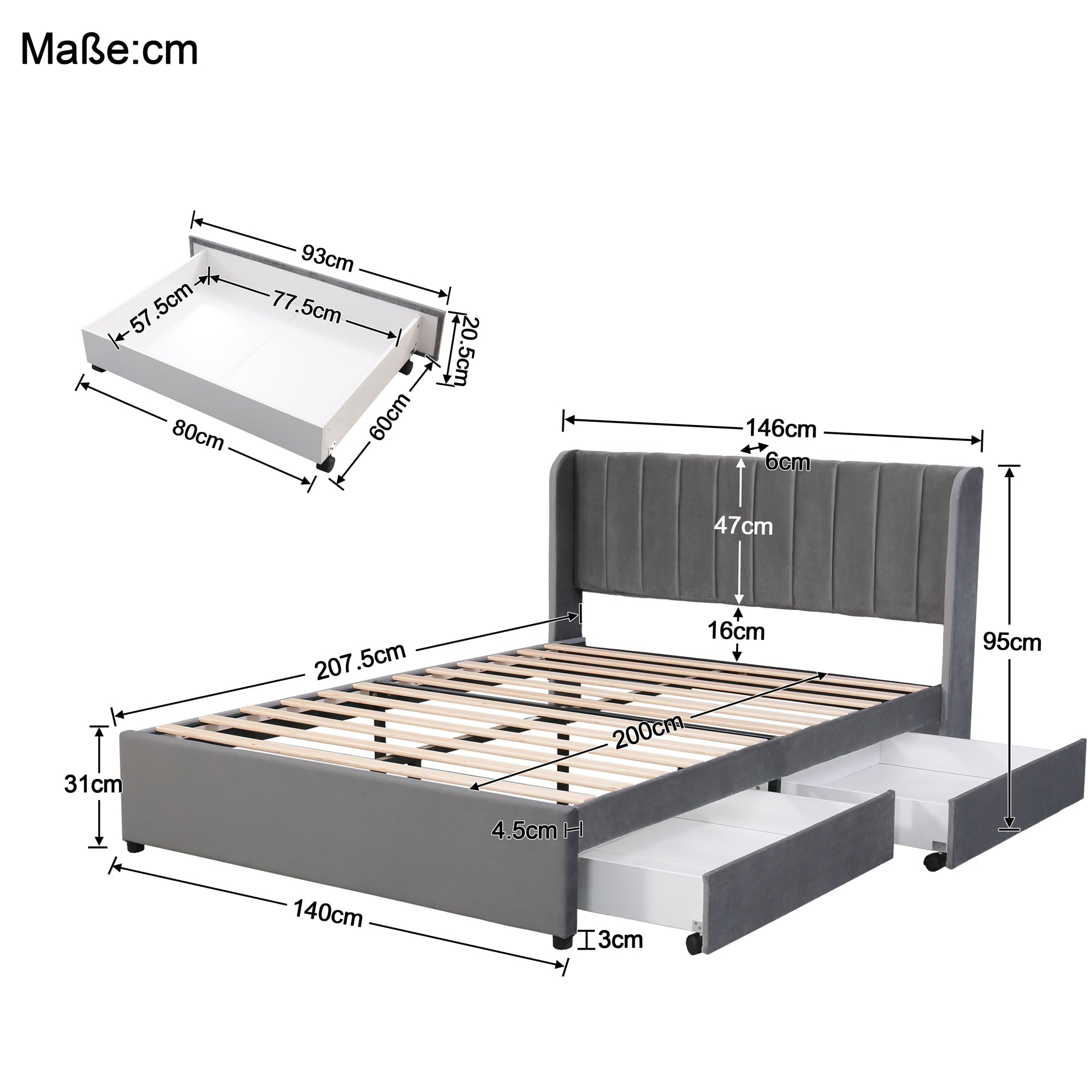 Upholstered Bed 140x200cm Headboard 2 Drawers - Grey Velvet