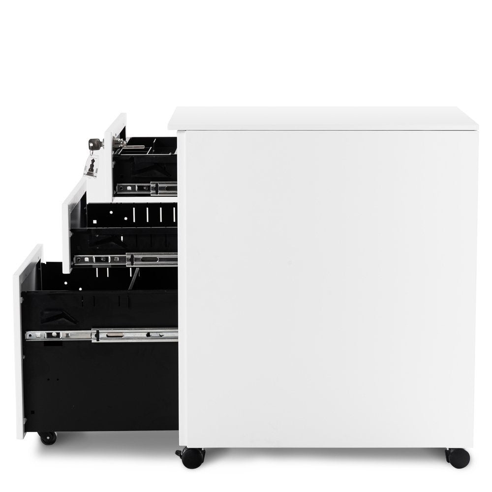 Mobile File Cabinet 3 Drawers 5 Wheels Lockable Storage for A4 Metal Solid Pedestal with Keys - Clearance
