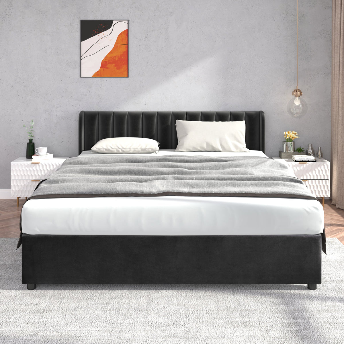Upholstered Bed 180x200cm Slatted Base Headboard 2 Drawers, Black Velvet