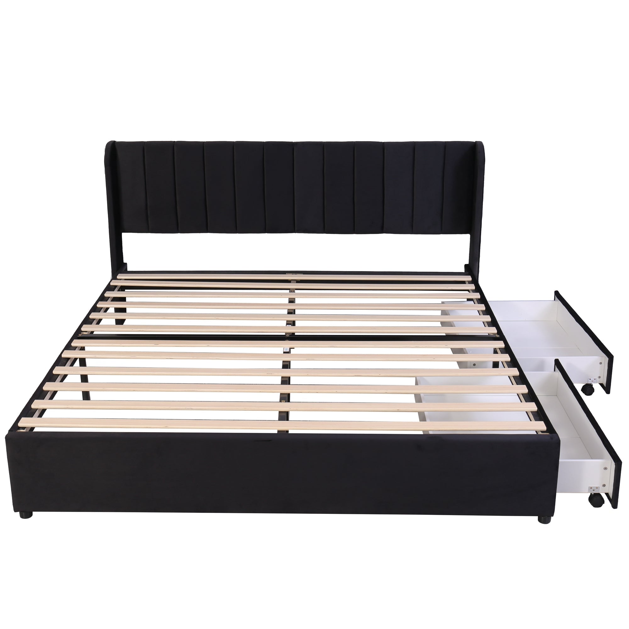 Upholstered Bed 180x200cm Slatted Base Headboard 2 Drawers, Black Velvet