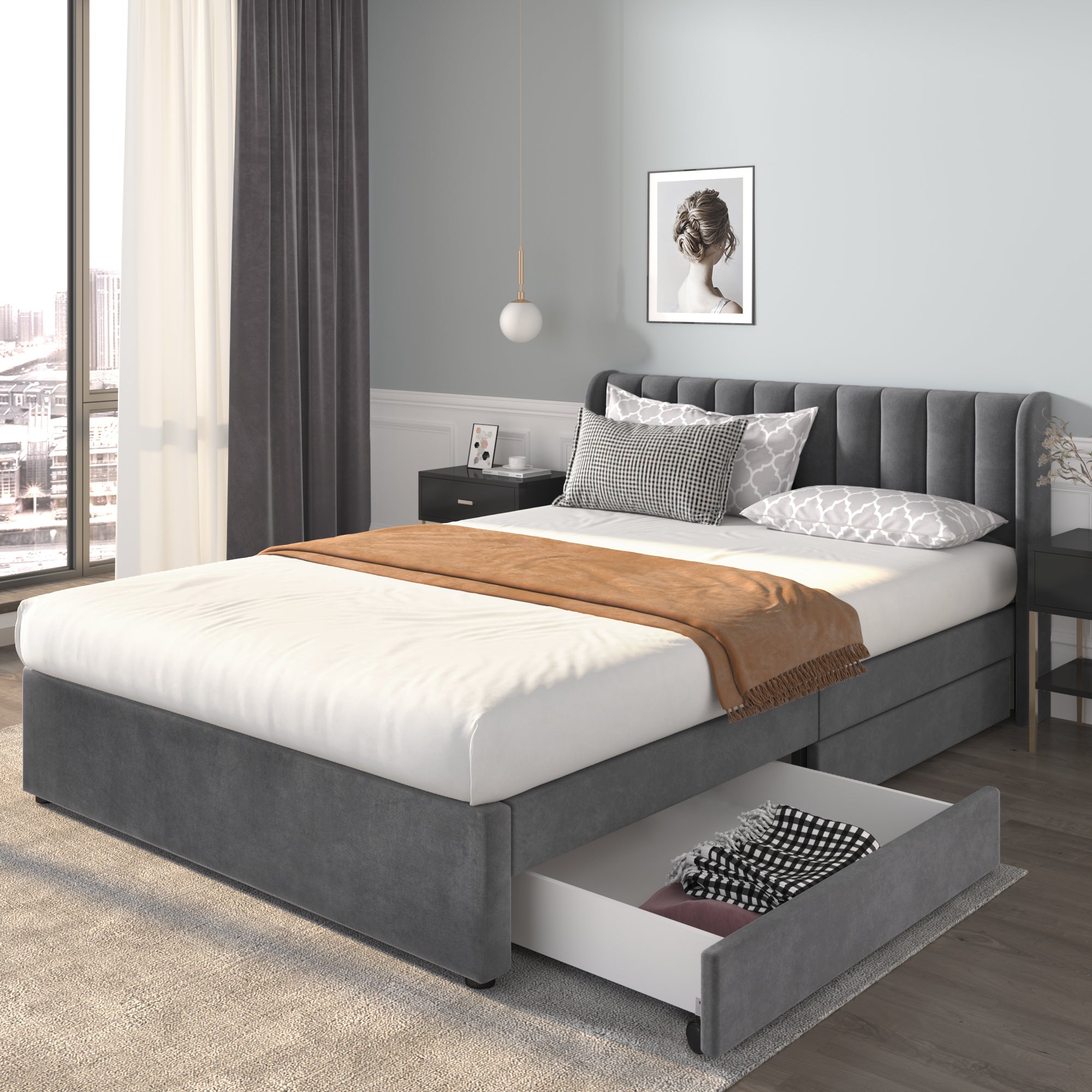 Upholstered Bed 140x200cm Headboard 2 Drawers - Grey Velvet