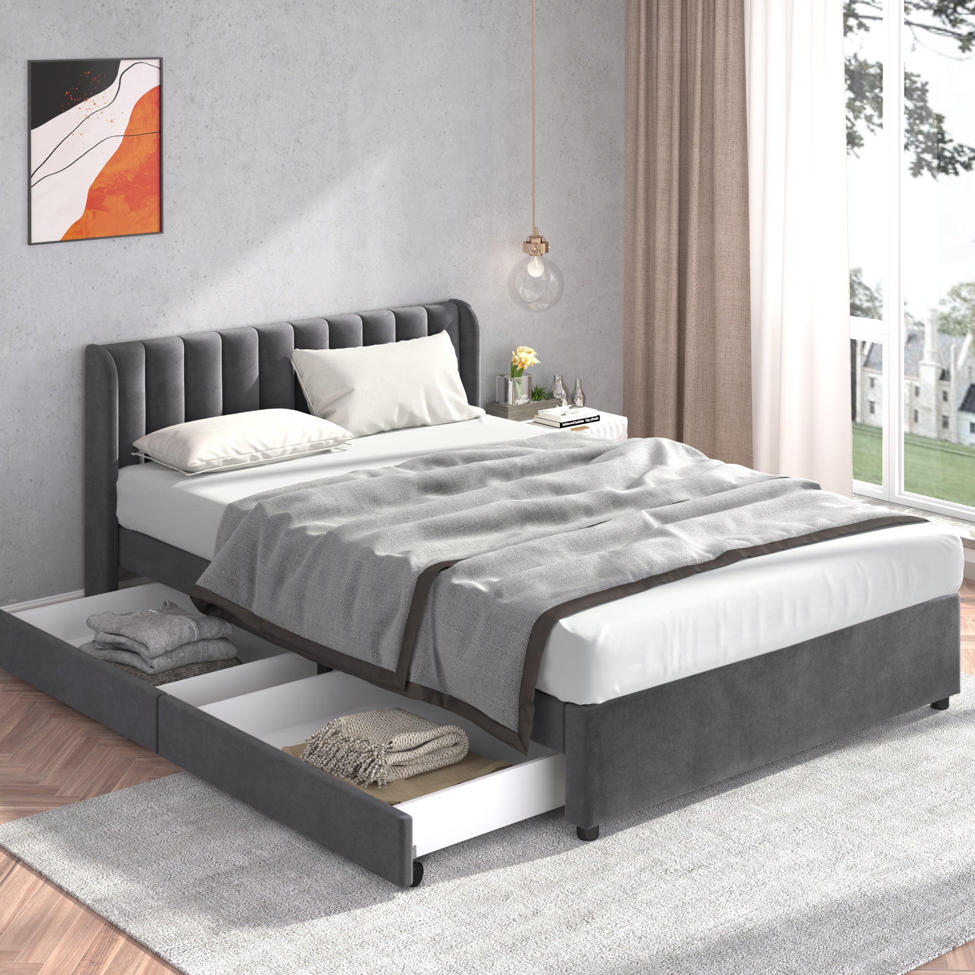 Upholstered Bed 140x200cm Headboard 2 Drawers - Grey Velvet