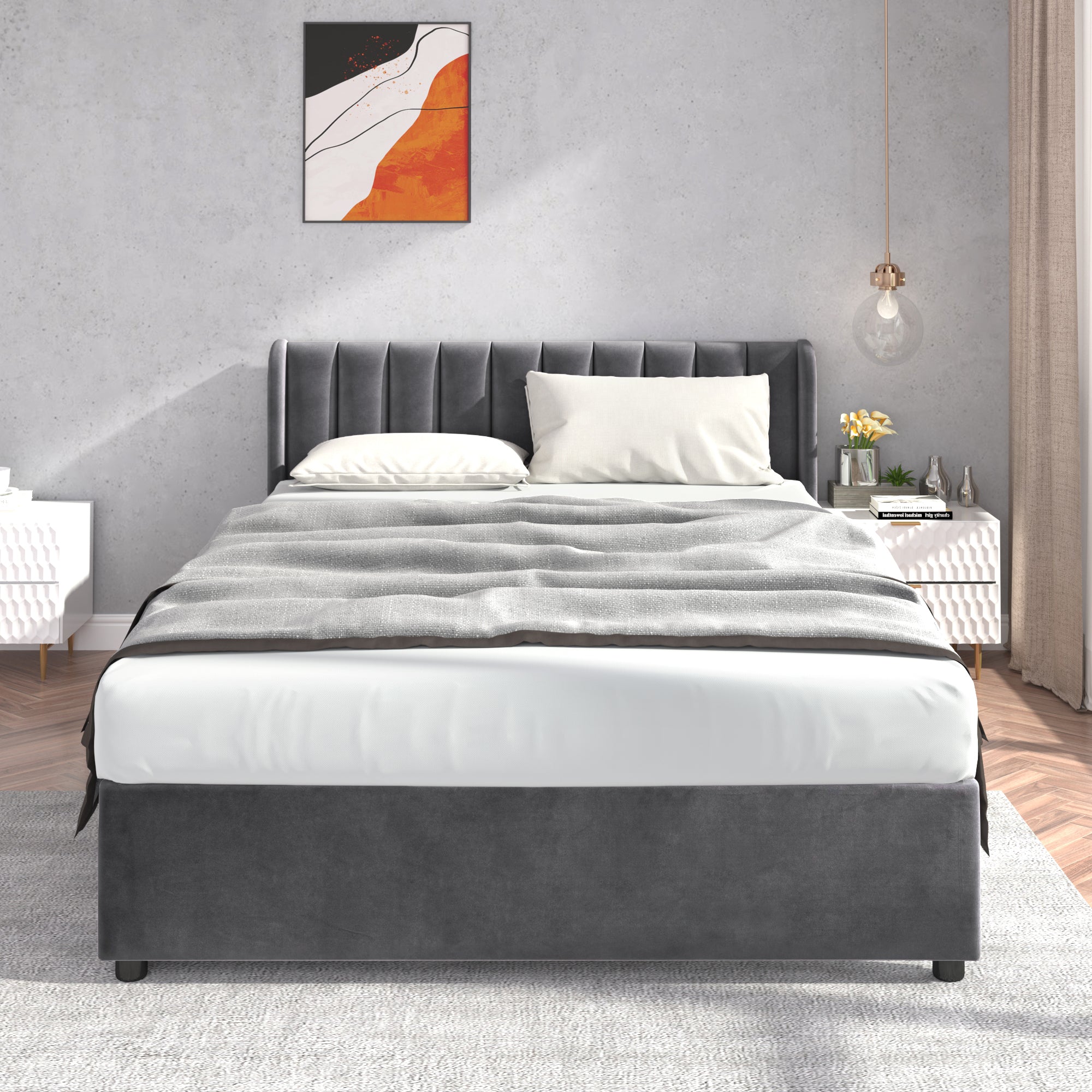 Upholstered Bed 140x200cm Headboard 2 Drawers - Grey Velvet
